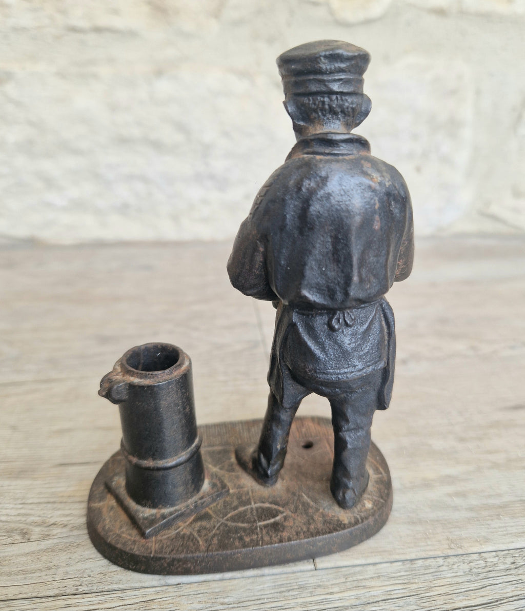 Rare Antique E.G. Zimmermann Hanau Cast Iron Shoeshine Boy Figural Table Match Holder & Striker