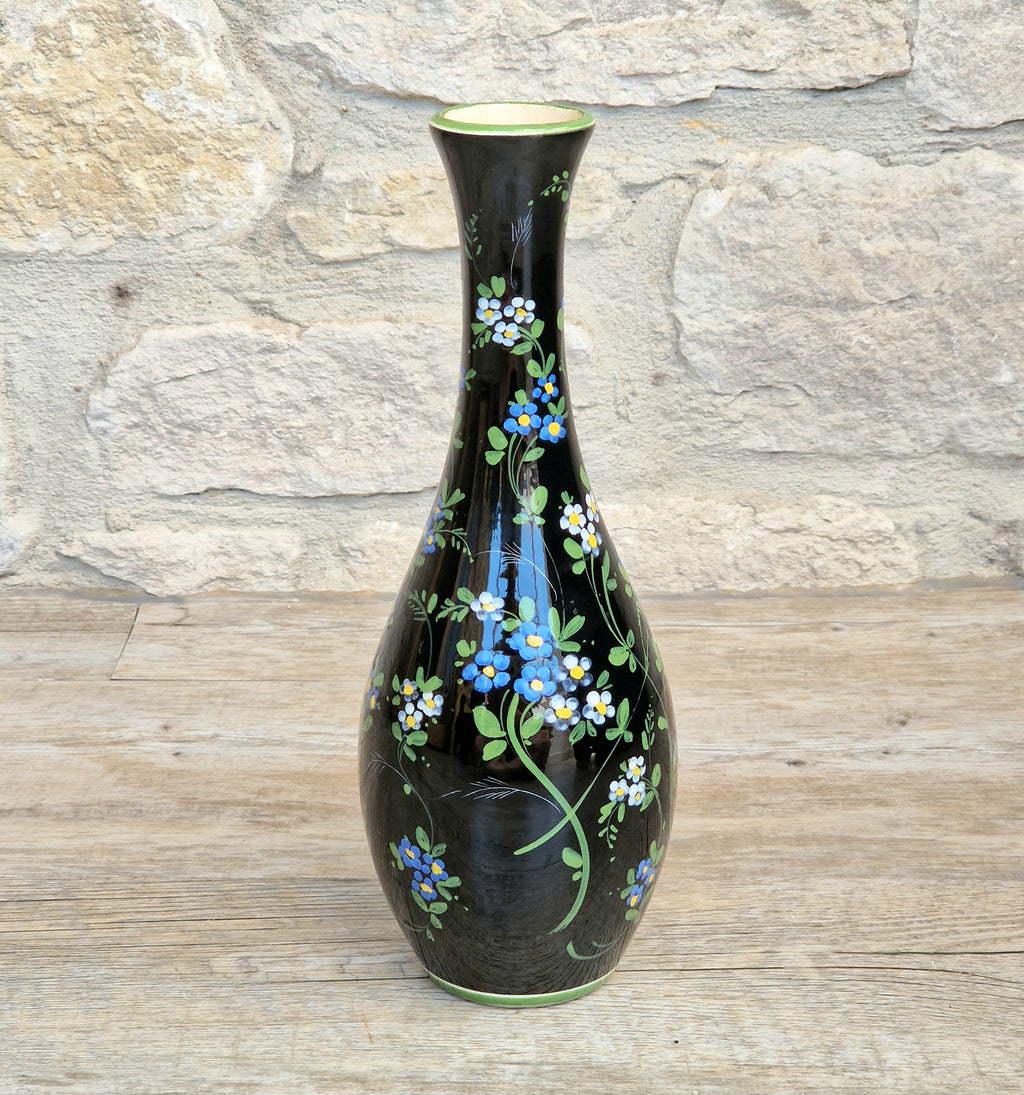 Marmaca San Marino Vase Art Ceramic Black Floral Amphora Tall Bottle Vase 1950's