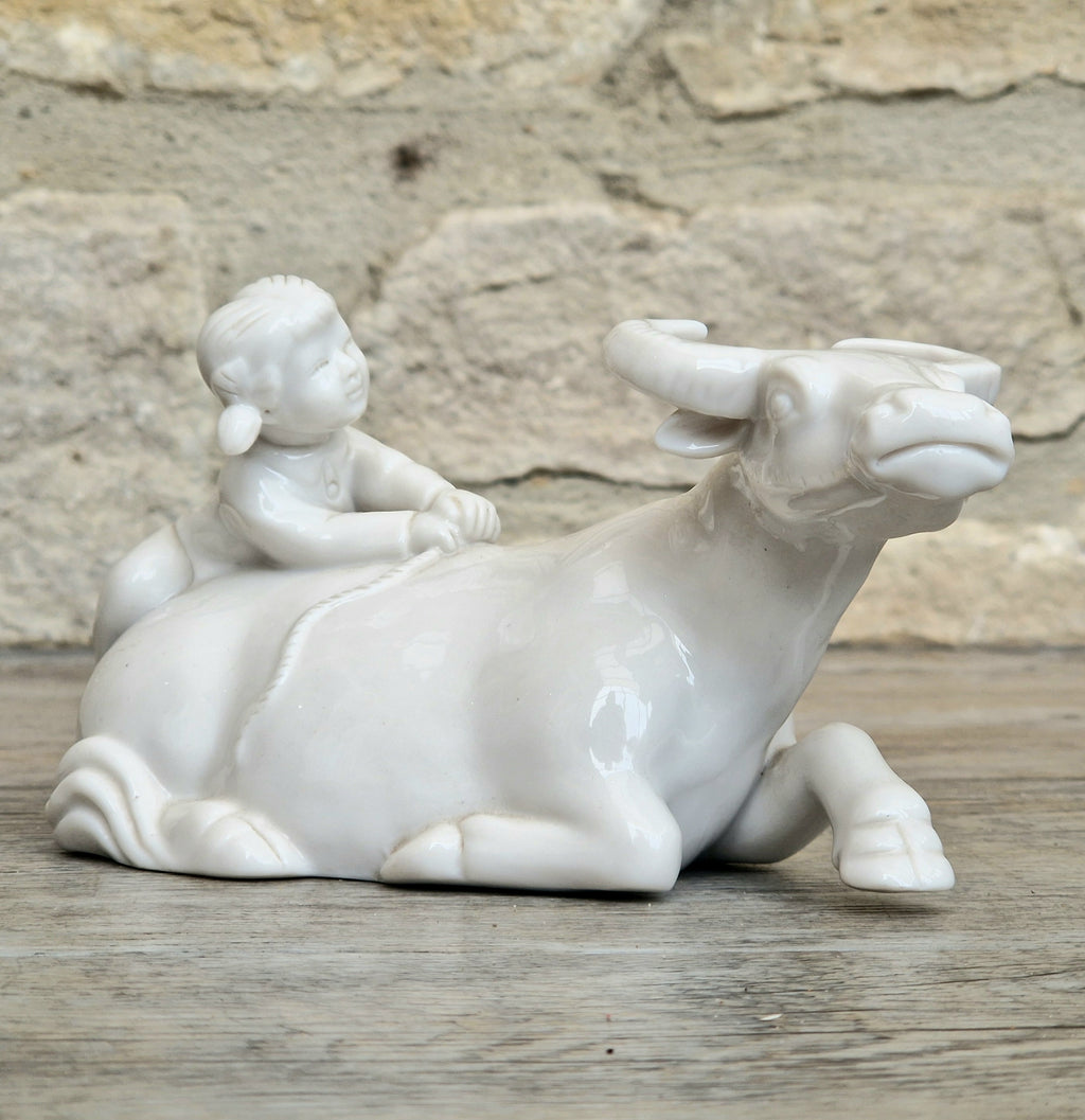 Vintage Chinese Blanc De Chine Porcelain Figurine Girl Riding Water Buffalo Ox Ceramic Home Ornament
