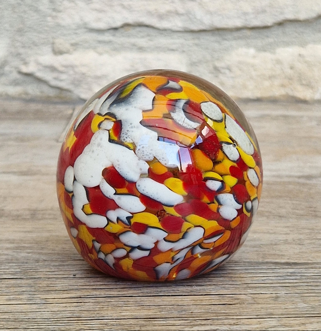 Vintage Orange, Red & White Speckled Mdina Art Glass Ball Paperweight Signed