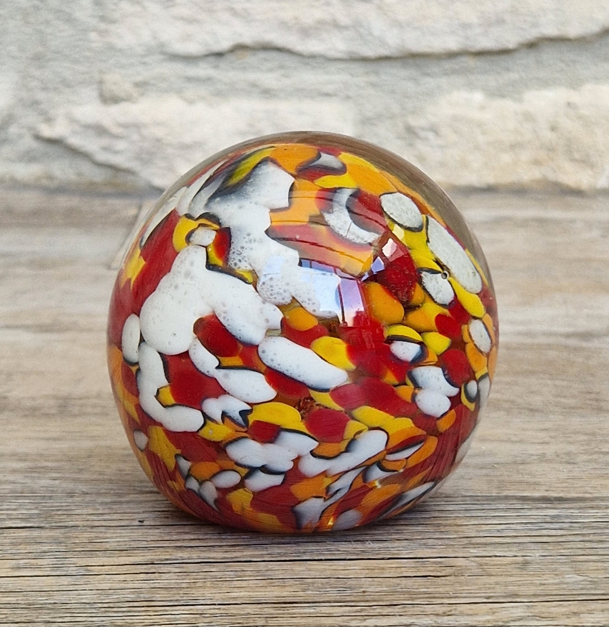 Vintage Orange, Red & White Speckled Mdina Art Glass Ball Paperweight Signed