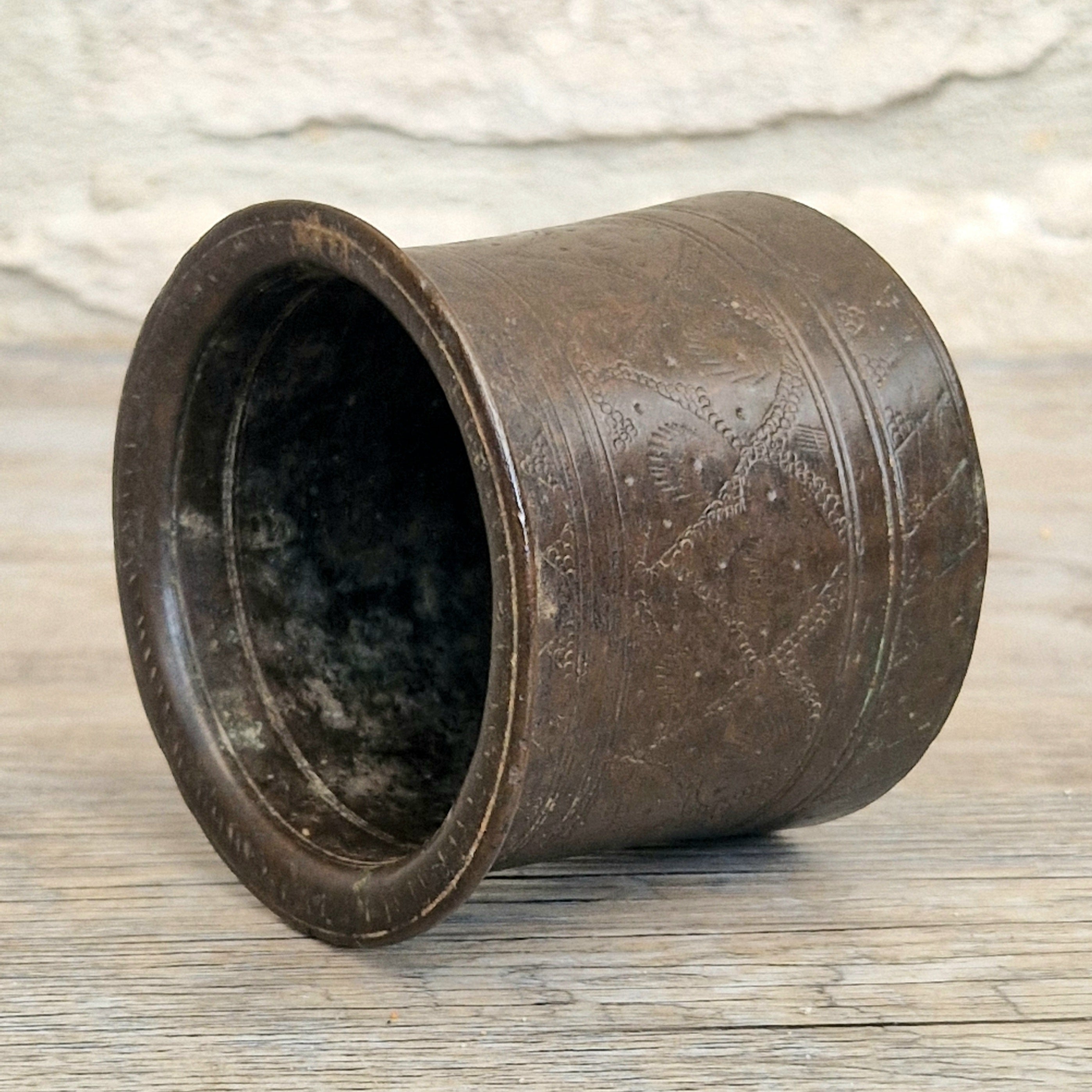 Antique 19thC Indian Bronze Panchpatra Holy Water Cup Heavy Cast Ritual Puja Pot 383g