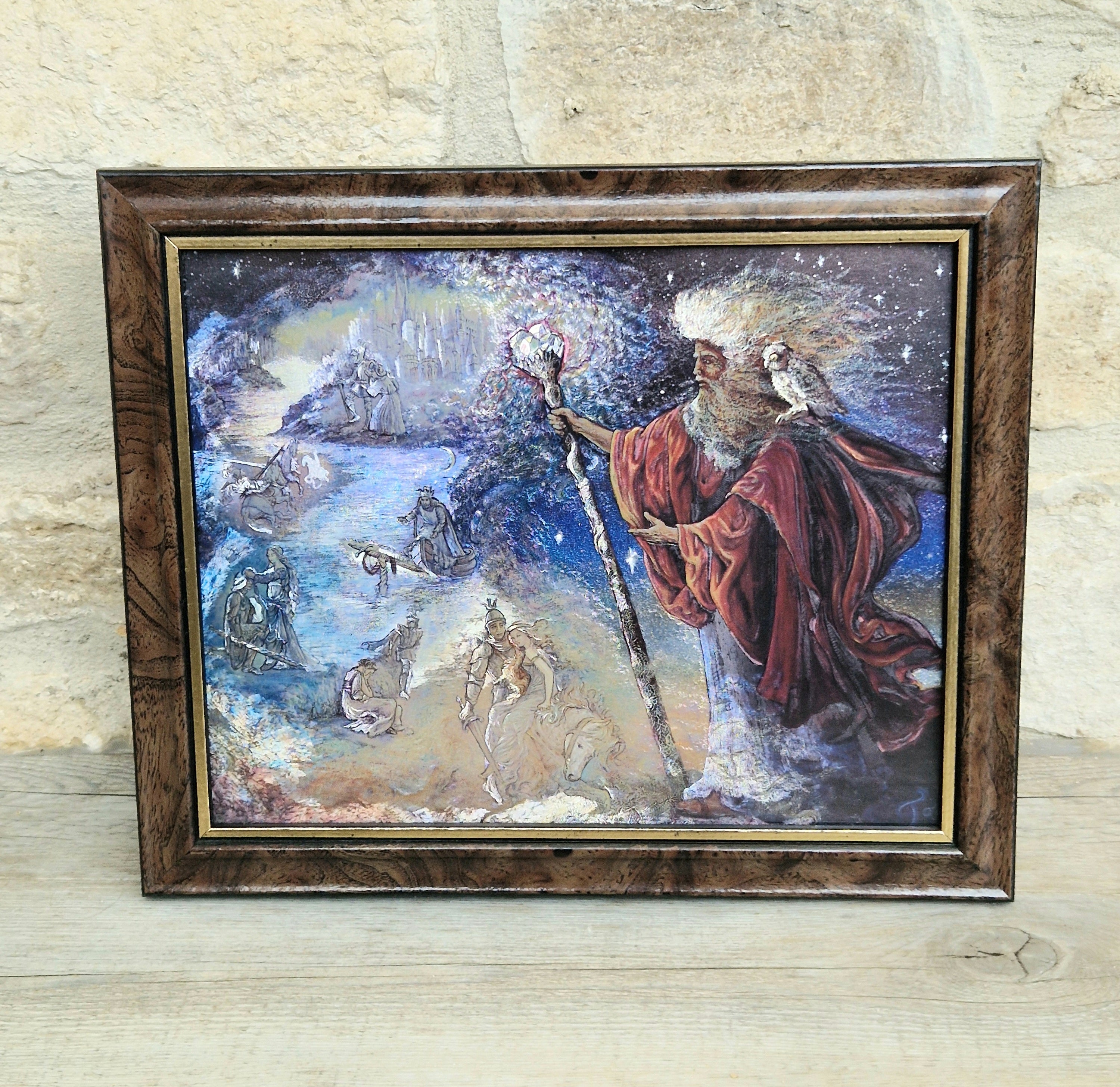 Vintage 1990s Foil Art Print Titled "Merlin's Quest" by Artist Josephine Wall Framed