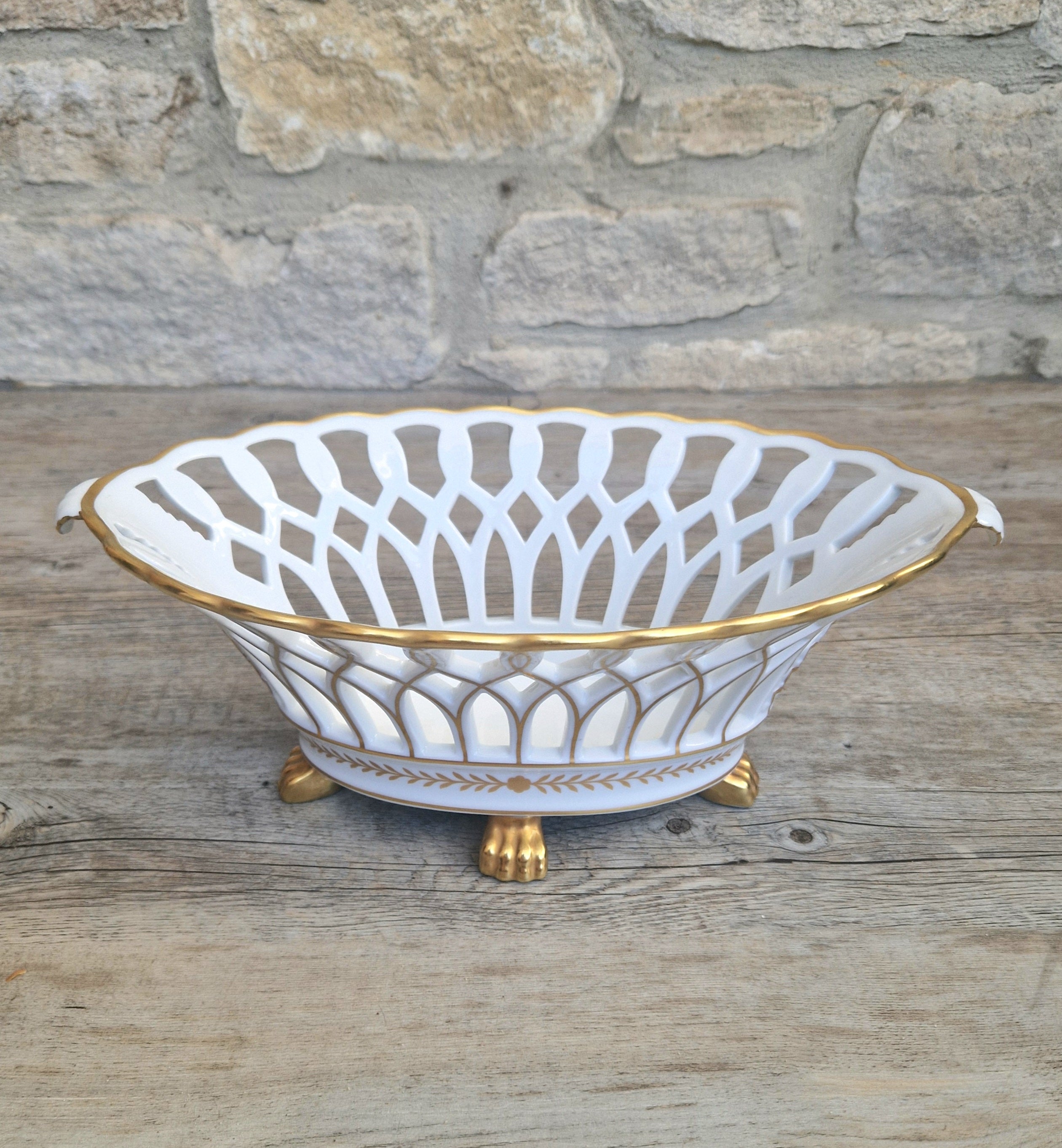 Large Vista Alegre Reticulated White & Gold Ceramic Basket Fruit Bowl Old Paris Style