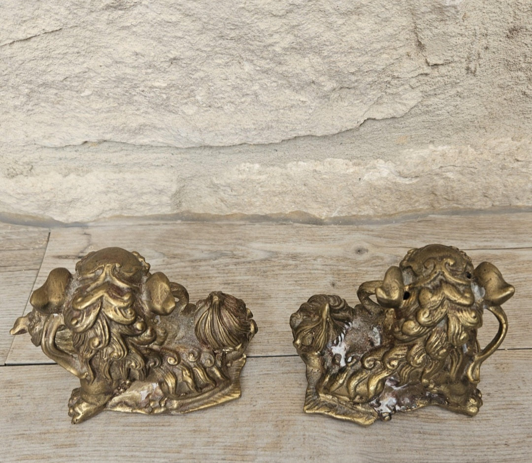 Vintage Small Chinese Pair Of Brass Male and Female Shi Shi Foo Dogs Figurines Statues