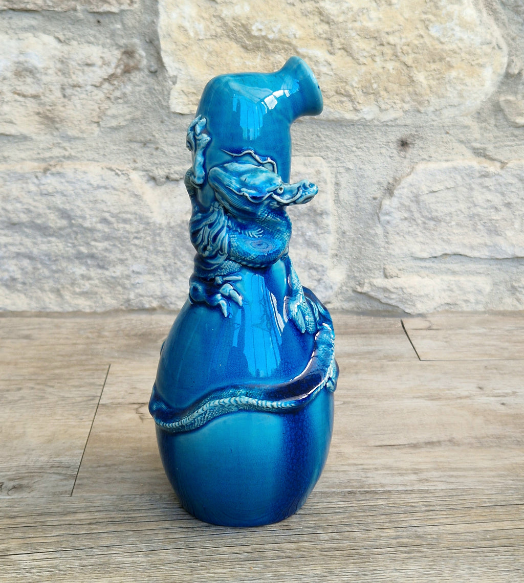 Antique Japanese Awaji Meiji Period Turquoise Pottery Dragon Bottle Vase