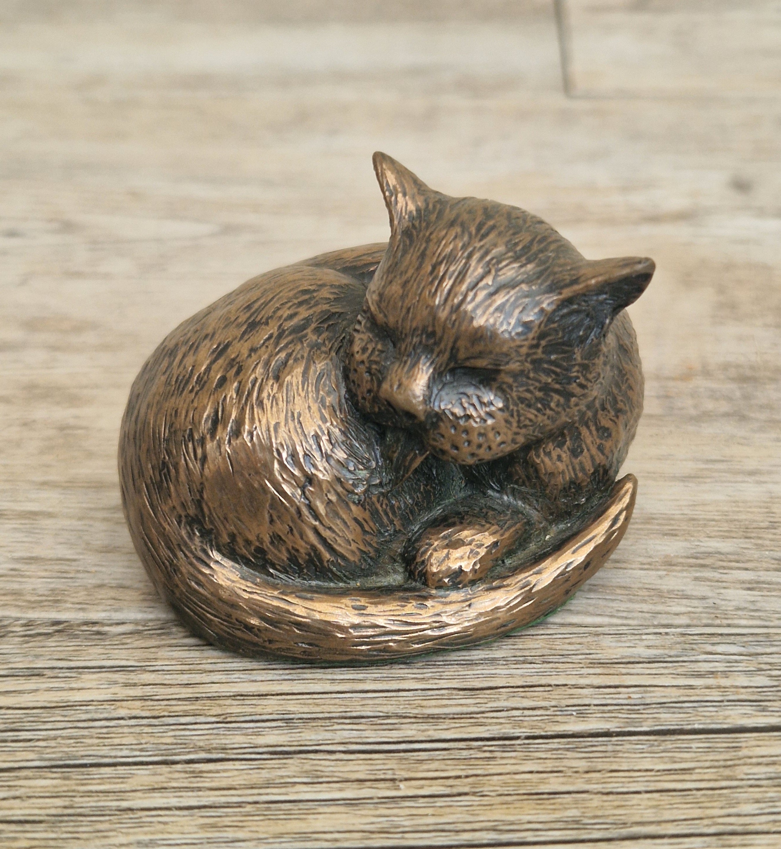 Cat Cold Cast Bronze Resin Curled Licking Figure Vintage Ornament