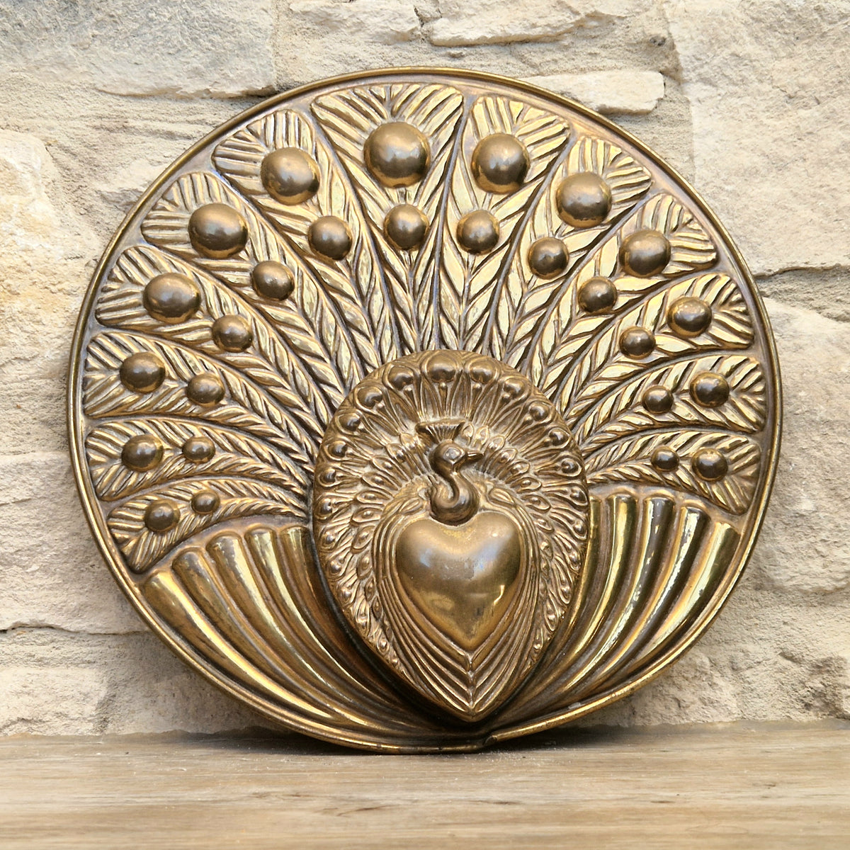 Rare Signed George Johnson Brass Peacock Wall Pocket Plaque 29cm Victorian Arts and Crafts 1880s