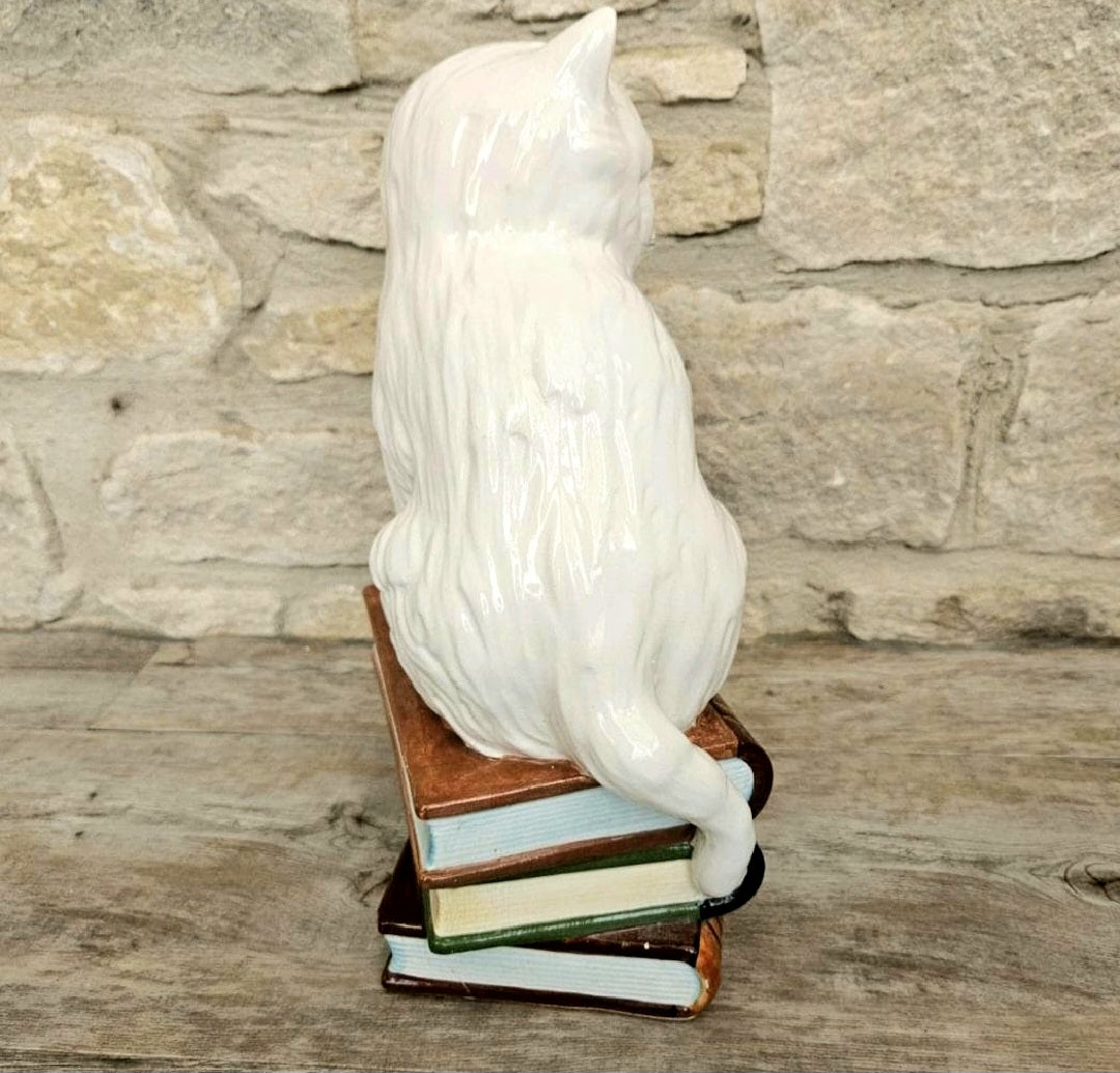 Vintage Italian White Cat Figurine Ornament Sitting on Books Ceramic Figure 11.5 lnch Tall