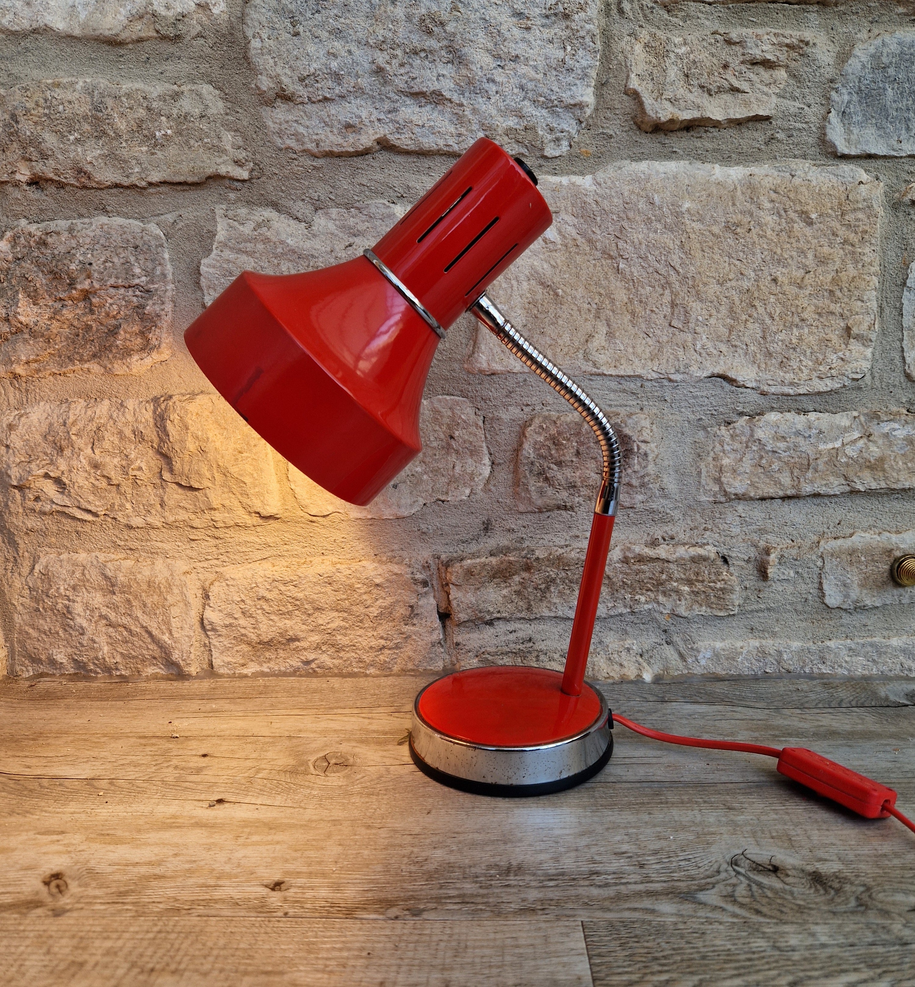 1980s Cherry Red Desk Lamp: Mid Century Space Age Flexible Lamp