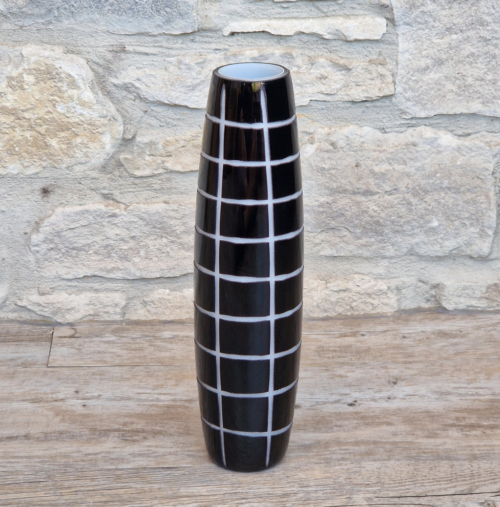 Mid-Century Modern Black & White Cased Cameo Art Glass Tall Geometric Grid Vase