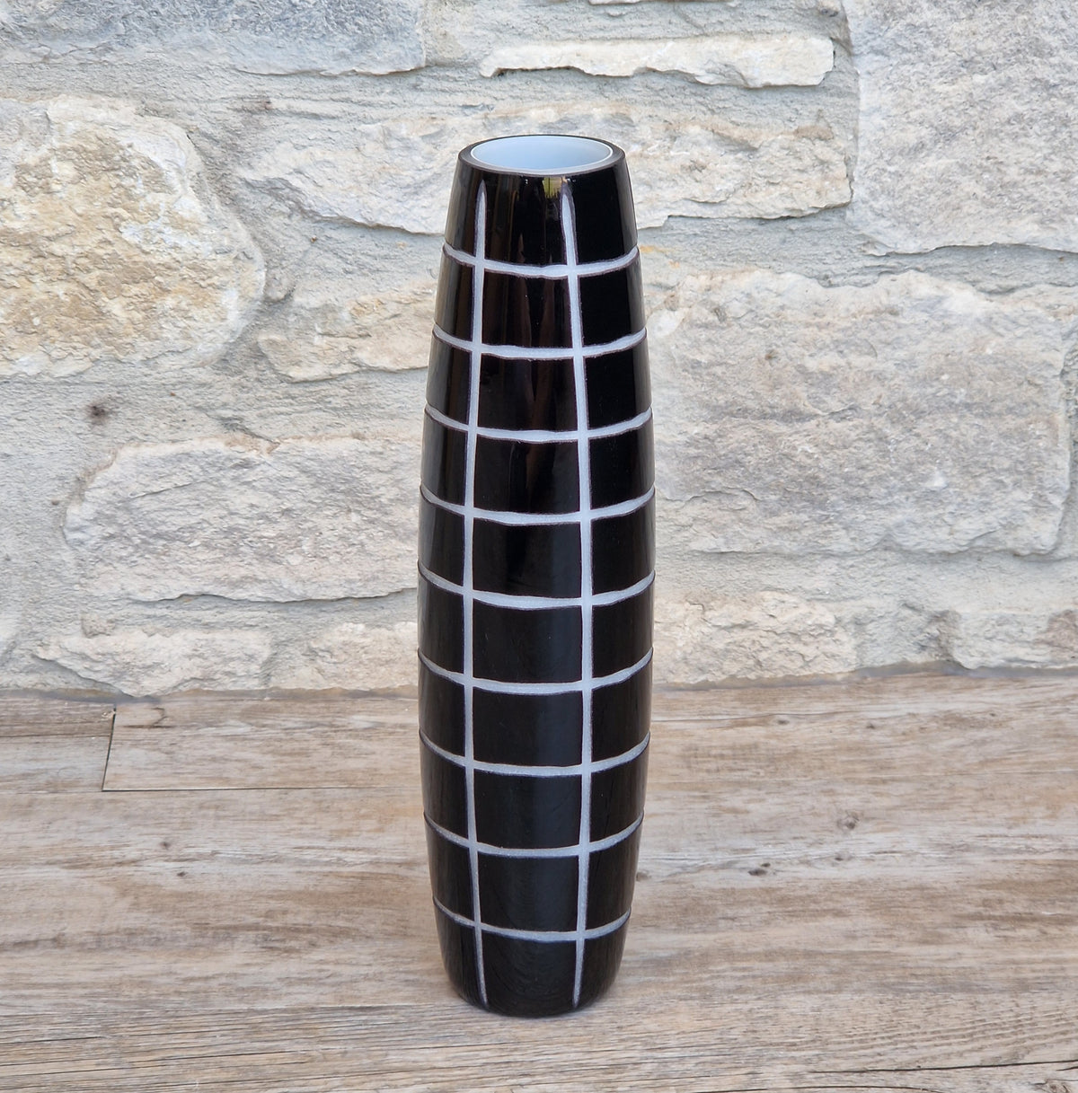 Mid-Century Modern Black & White Cased Cameo Art Glass Tall Geometric Grid Vase