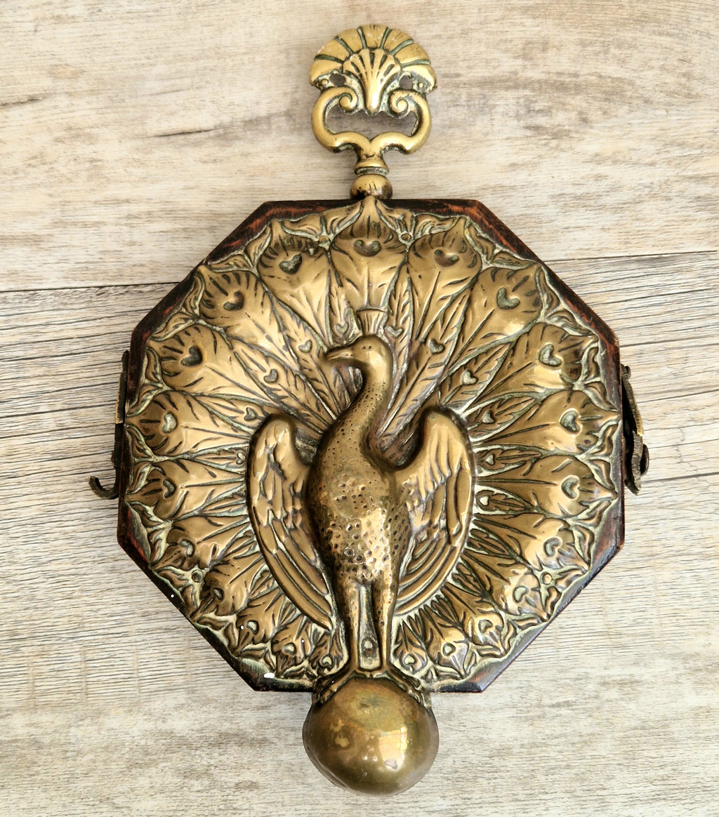 Fine Rare Antique Repousse Brass Peacock Finial English Aesthetic Movement Fumed Oak Decorative Plaque