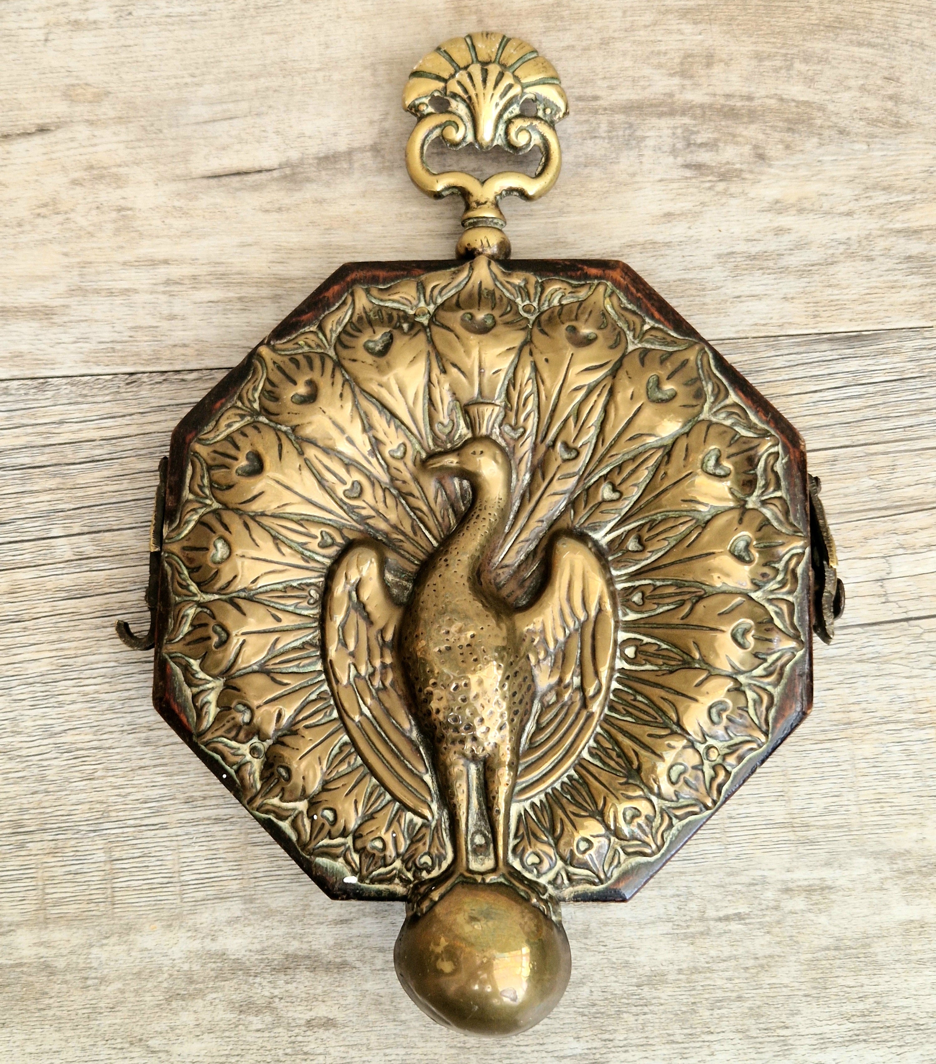Fine Rare Antique Repousse Brass Peacock Finial English Aesthetic Movement Fumed Oak Decorative Plaque