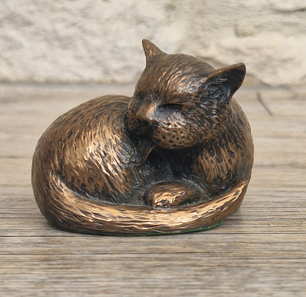 Cat Cold Cast Bronze Resin Curled Licking Figure Vintage Ornament