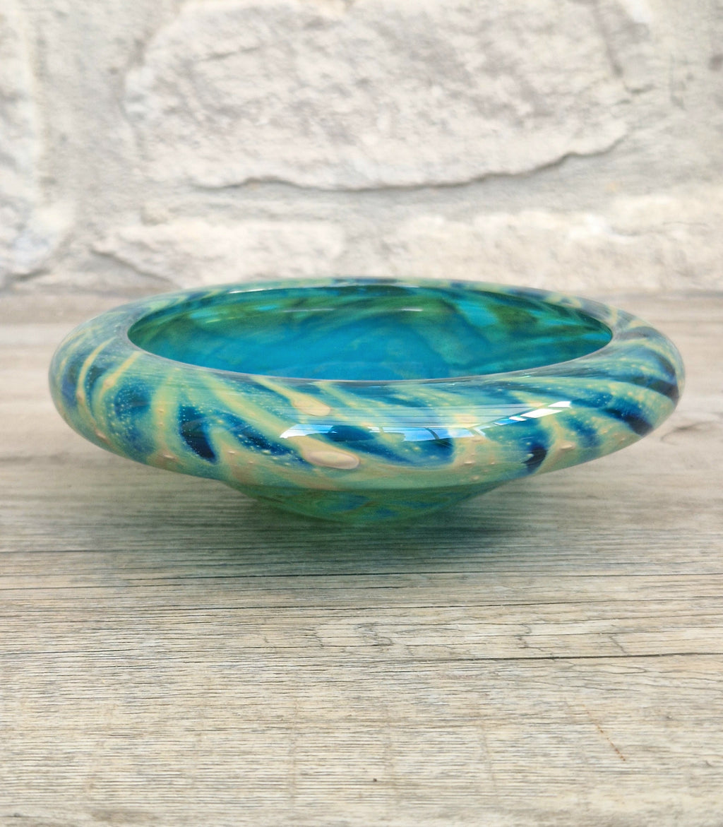 Mdina Glass Green Whirlpool Bowl Vintage 1970s Michael Harris Art Glass Malta