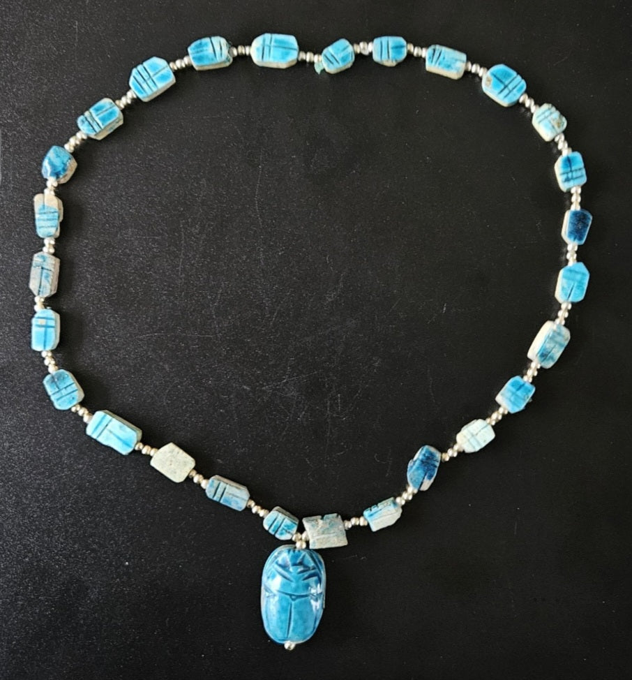 Vintage Turquoise Scarab Necklace Egyptian Revival Beaded with Pendant