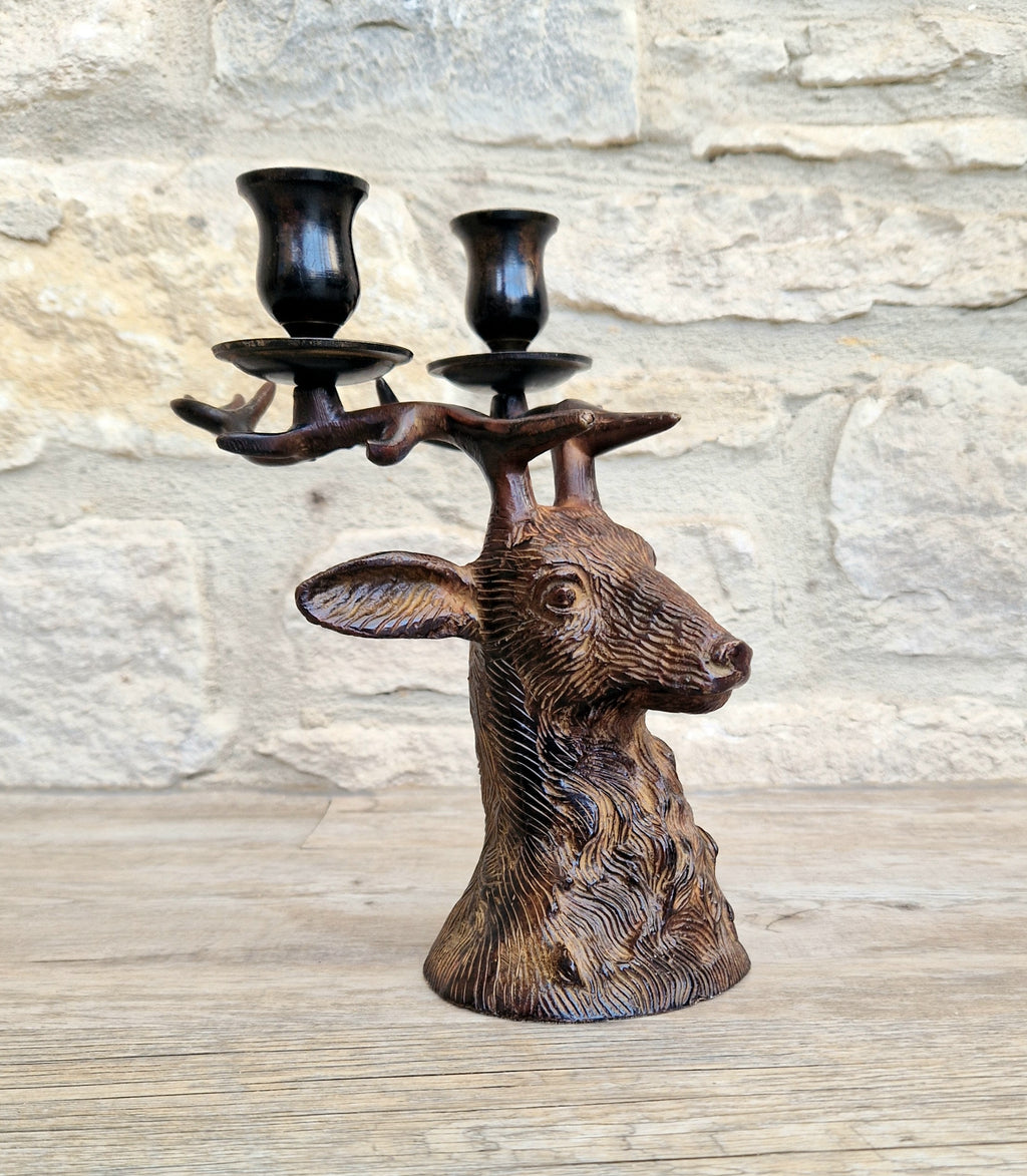 Vintage Heavy Patinated Bronze Stag Head Bust Double Candle Holder Table Decor