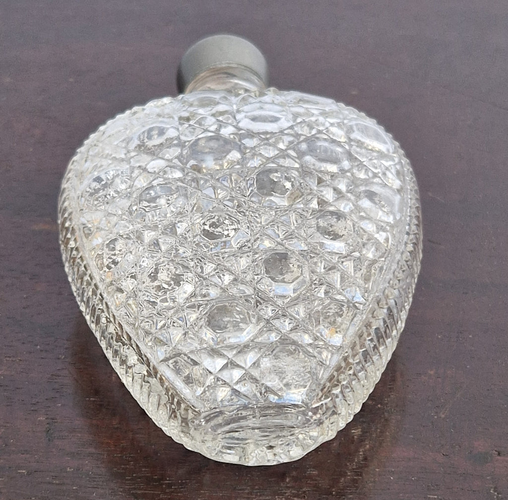 Antique Victorian Pressed Glass Heart Perfume Bottle Pocket Scent Flask Original Cap