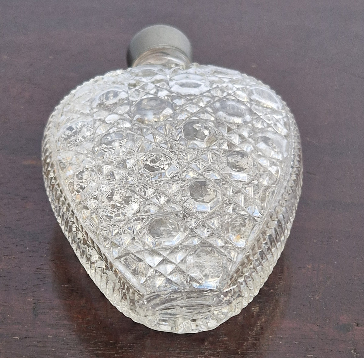 Antique Victorian Pressed Glass Heart Perfume Bottle Pocket Scent Flask Original Cap