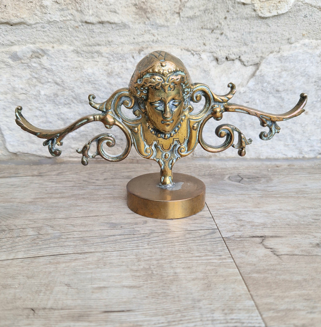Brass Neo Classical Female Figural Pediment Mounted On Heavy Antique Paperweight