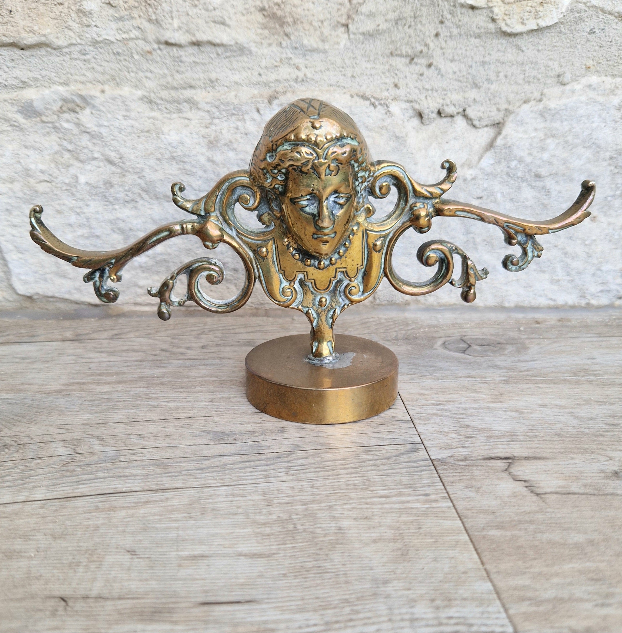 Brass Neo Classical Female Figural Pediment Mounted On Heavy Antique Paperweight