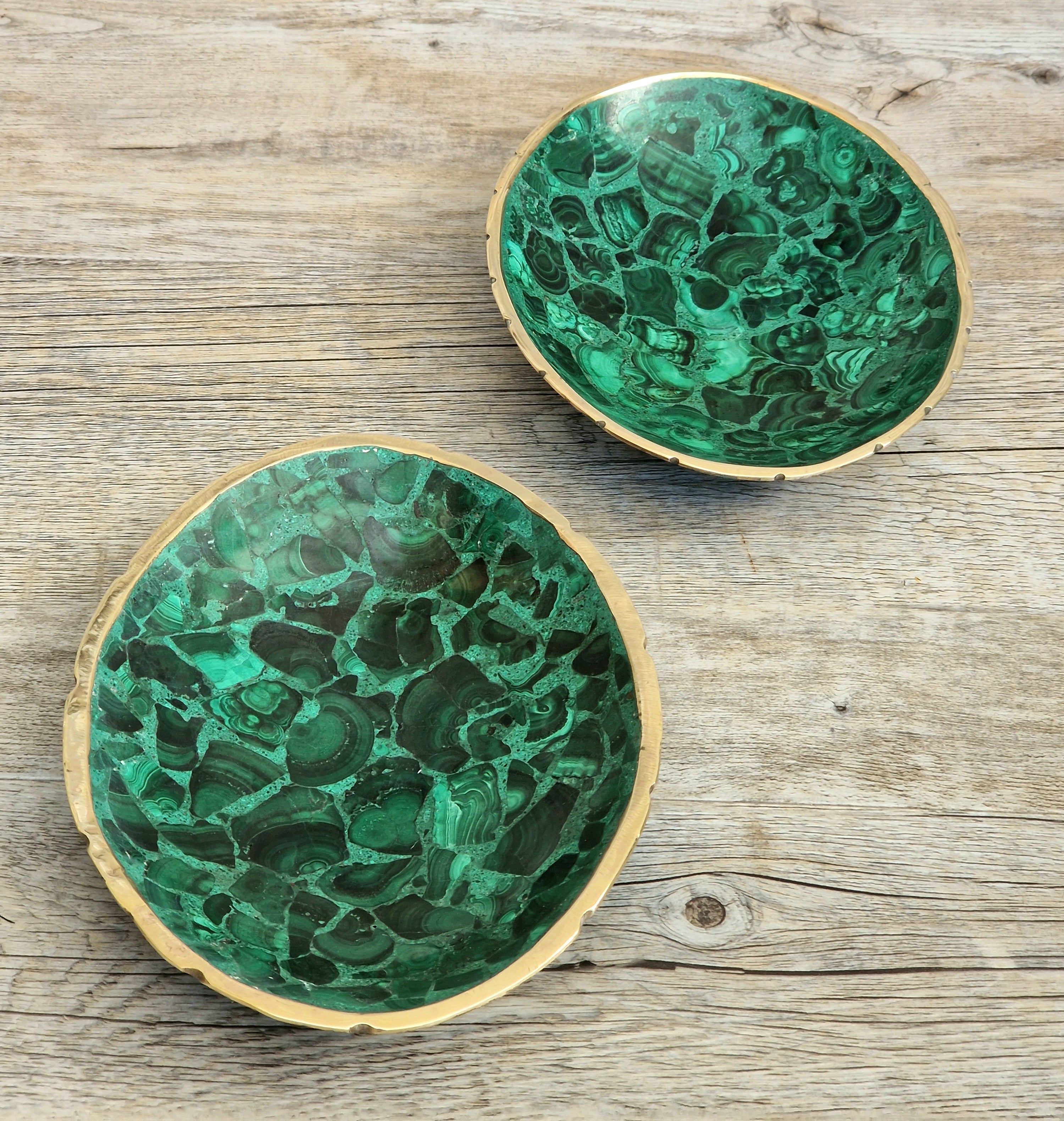 Pair of Stunning Fine Midcentury Malachite & Brass Oval Vide Poche Catch-All Decorative Bowls