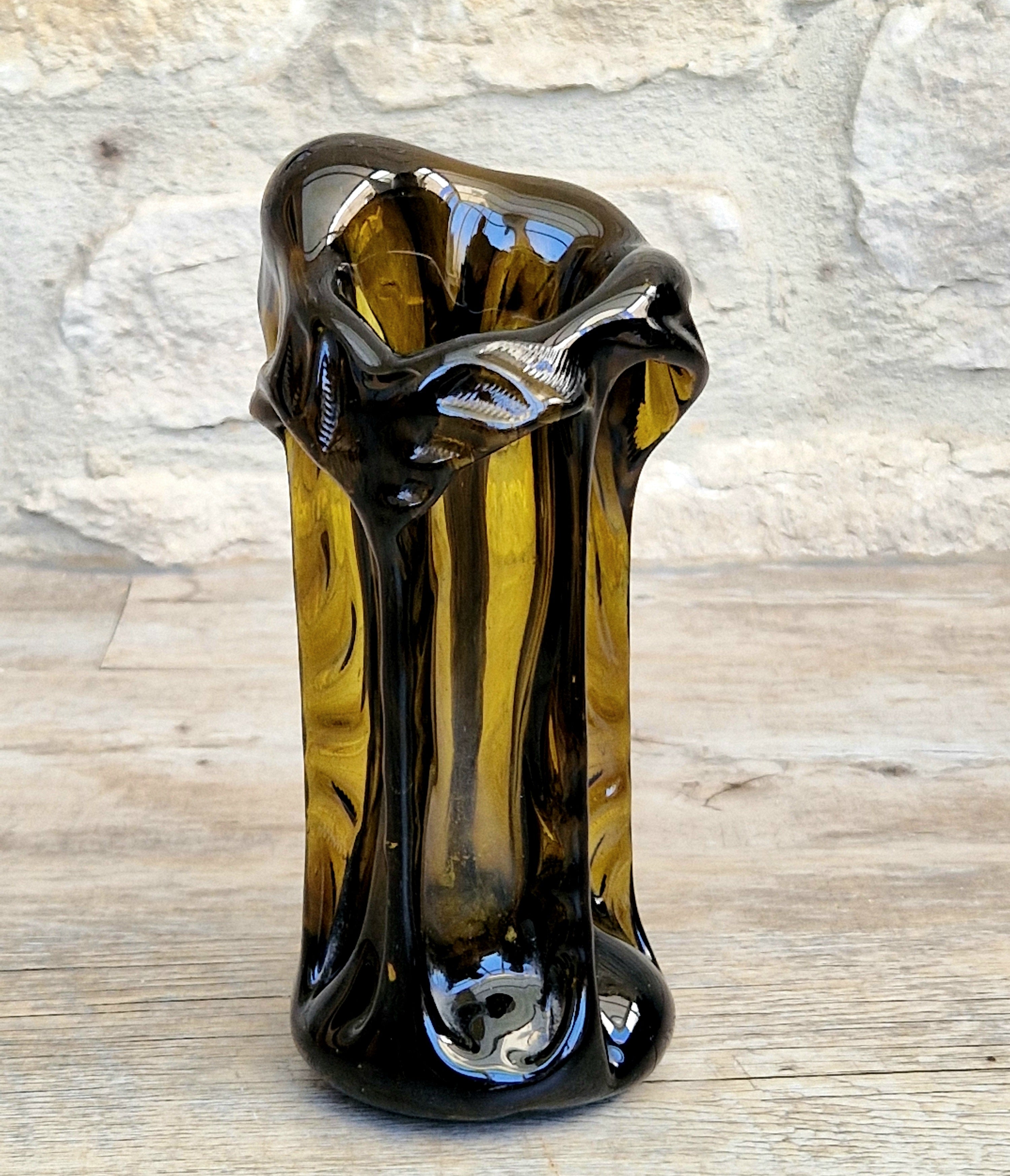 Vintage 1970s Polish Wołomin Hand Blown Smoked Amber Art Glass Pulled Freeform Ribbed Vase Rare Piece