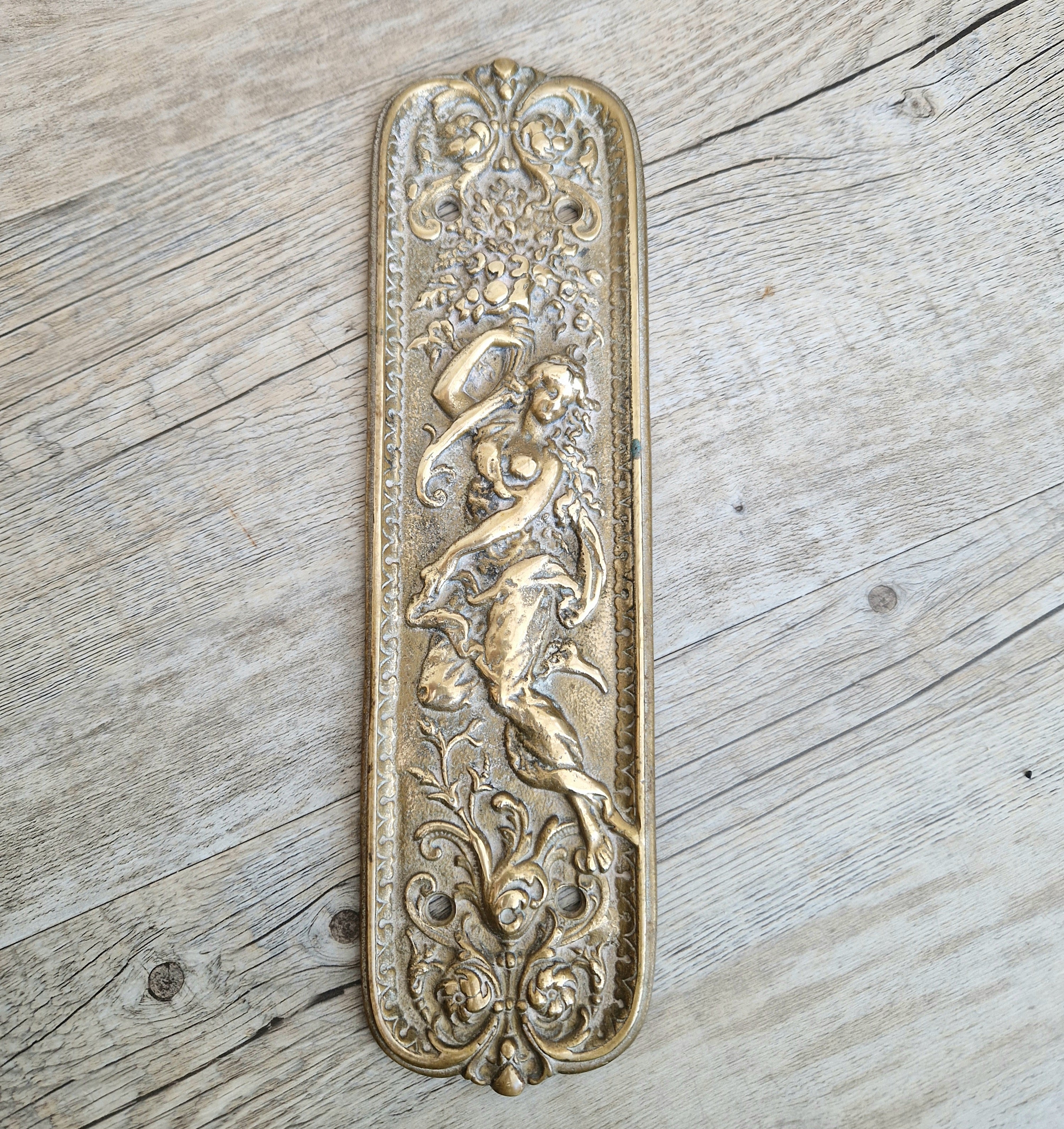 Cast Brass Art Nouveau Figural Relief Large Door Push Finger Plate Antique
