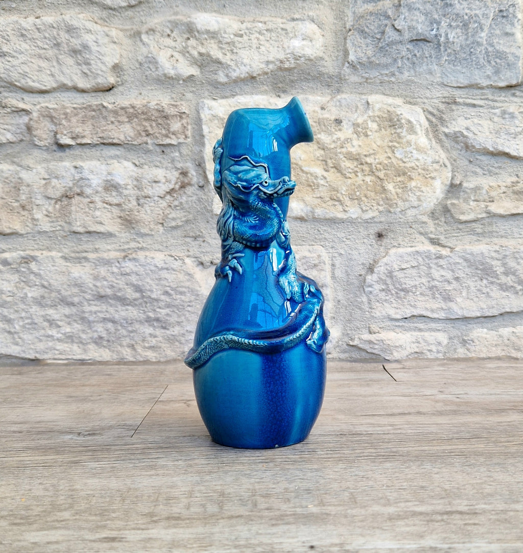 Antique Japanese Awaji Meiji Period Turquoise Pottery Dragon Bottle Vase
