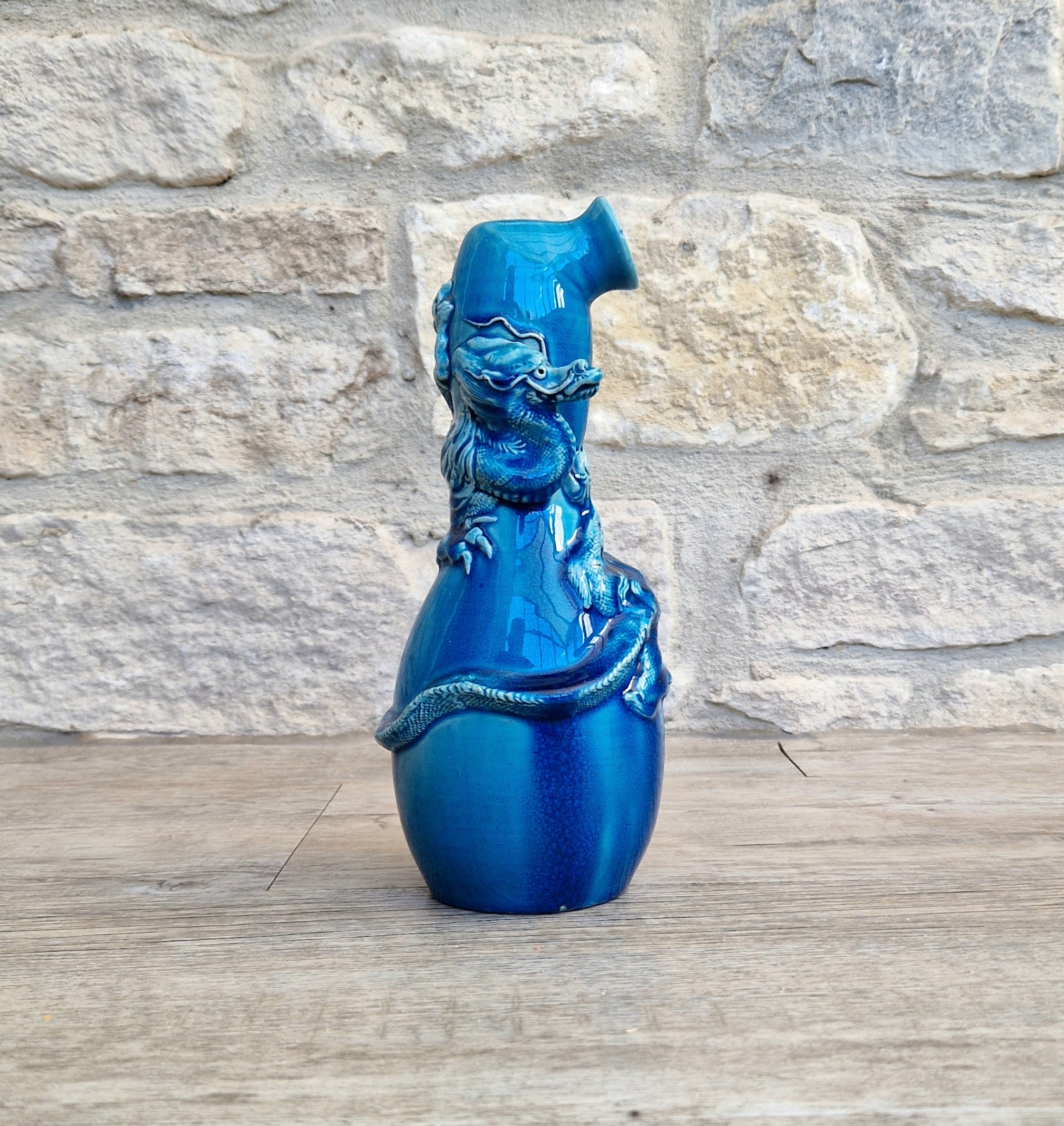 Antique Japanese Awaji Meiji Period Turquoise Pottery Dragon Bottle Vase