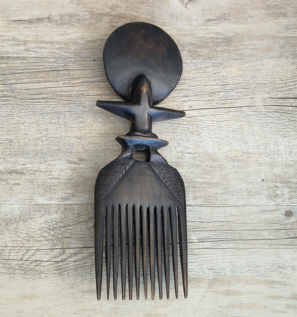 Vintage 31cm Ashanti Wooden Comb Duafe Hand Carved African Tribal Art Ghana Akuaba Doll