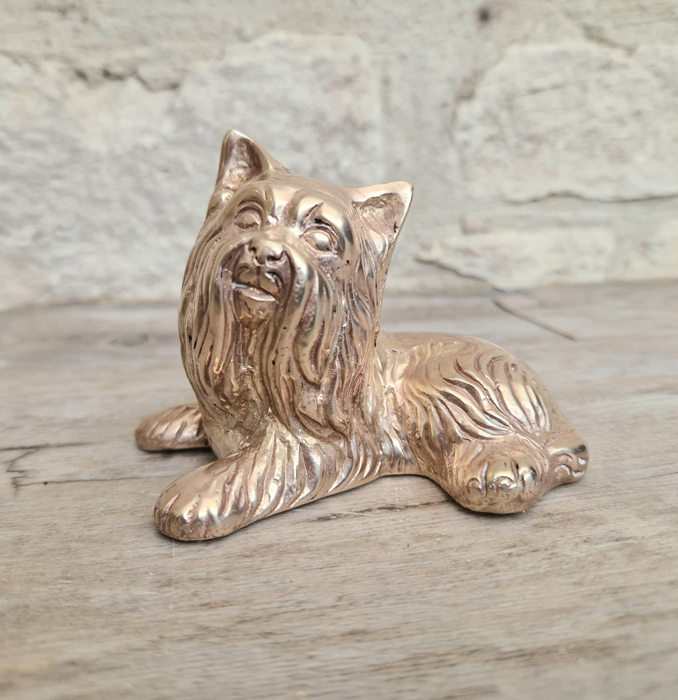 Vintage Solid Brass Yorkshire Terrier Figure Ornament 10cm