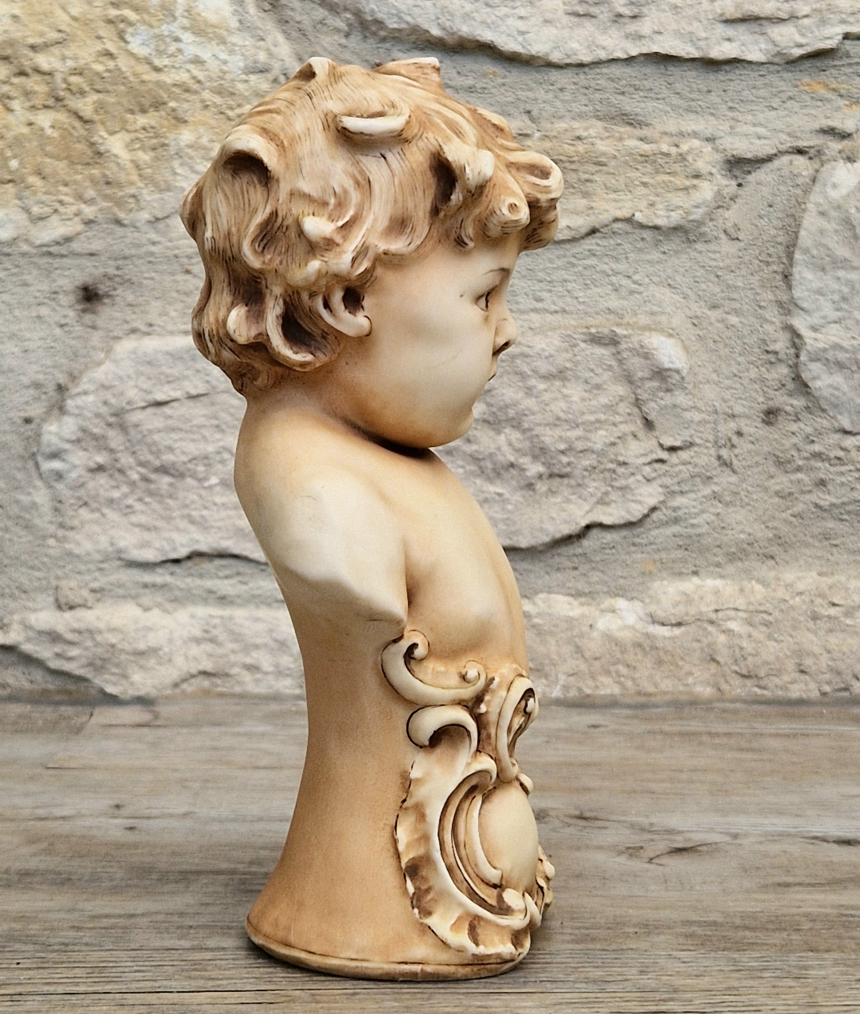 Antique NeoClassical Continental Patinated Bisque Porcelain Putti Boy Bust Figure Ornament
