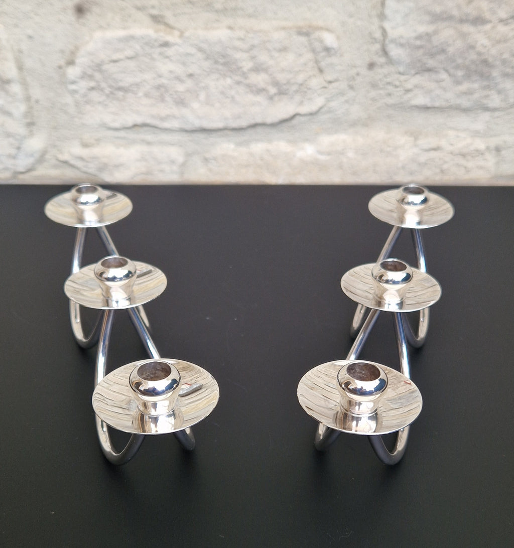 1960's Berg 'Selandia' Danish 3 Branch Minimalist Candelabra Candle Holders x 2
