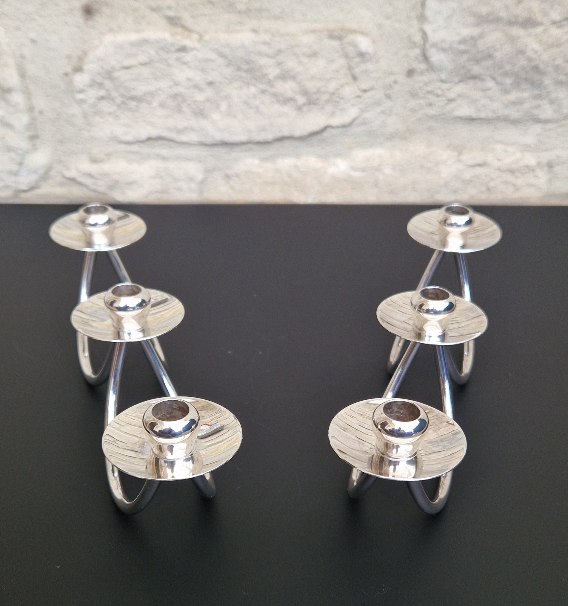 1960's Berg 'Selandia' Danish 3 Branch Minimalist Candelabra Candle Holders x 2