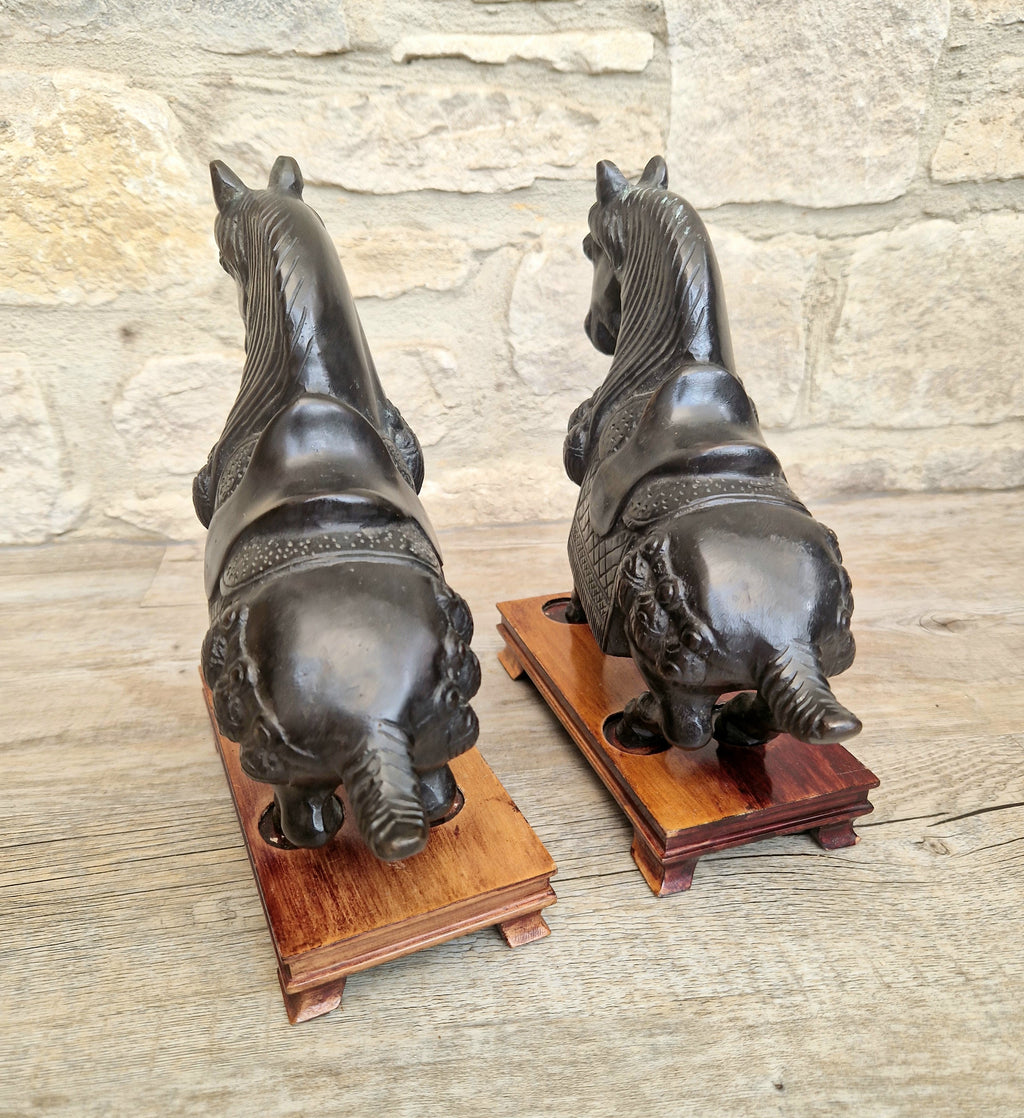 Fine Pair of Vintage Heavy Cast Bronze Tang-Style Chinese Horse Sculptures On Wooden Plinths