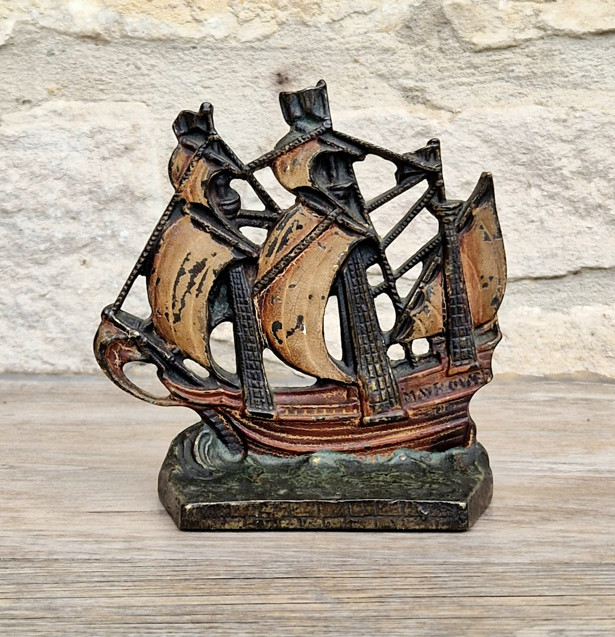 1920s Antique Sand Cast Bronze Mayflower Ship Bookend Paperweight Pattern 110 Original Paint