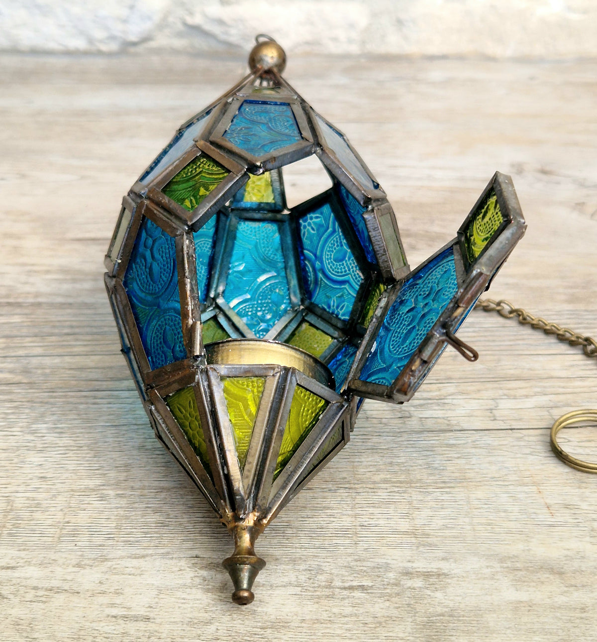 Vintage Moroccan Style Hanging Candle Lantern Multicoloured Moulded Glass Panels Metal Frame Bohemian Decor