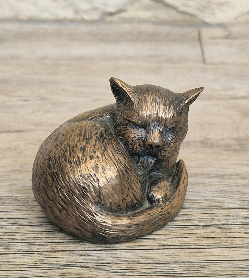 Cat Cold Cast Bronze Resin Curled Licking Figure Vintage Ornament