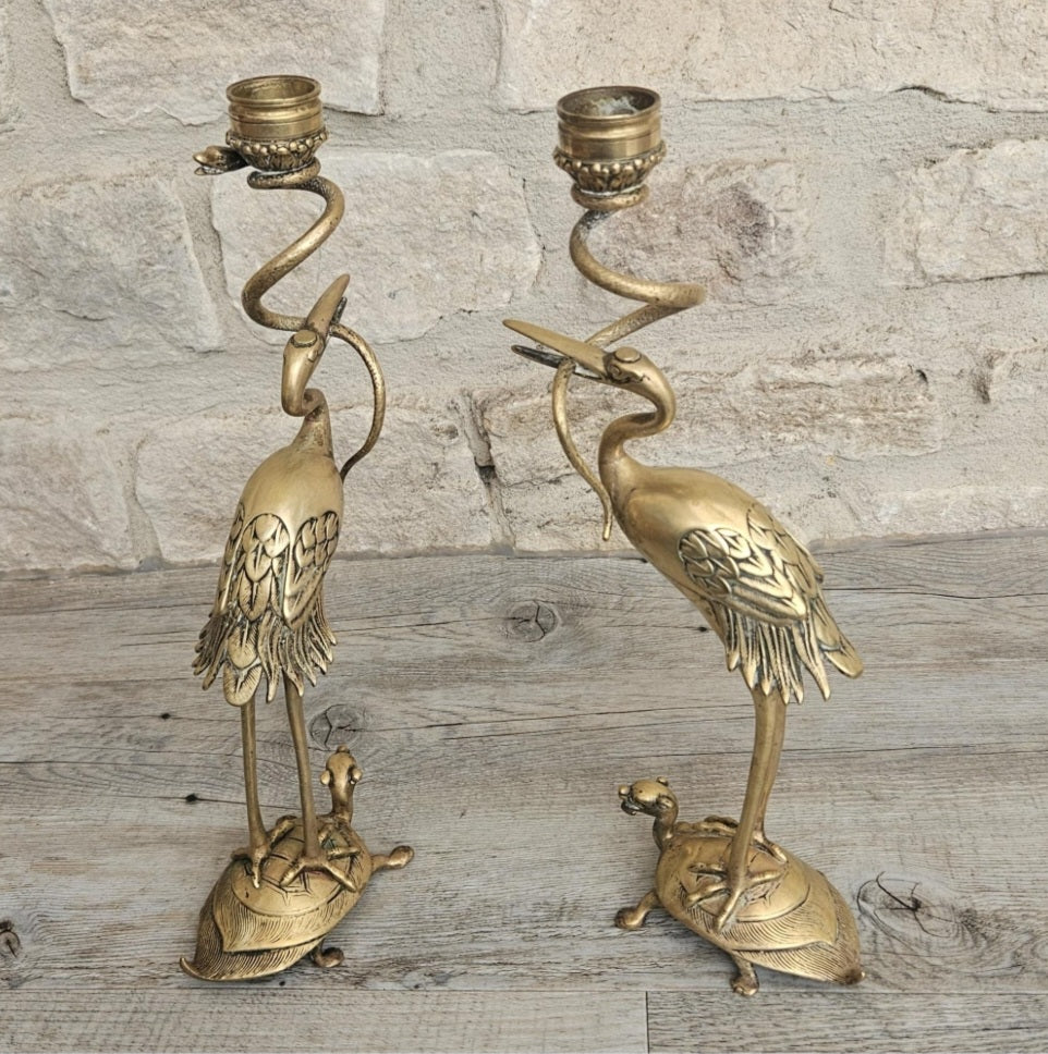 Pair of Antique Candlesticks Japanese Brass Crane Standing On Turtle With Snake Buddhist Early 20th C.