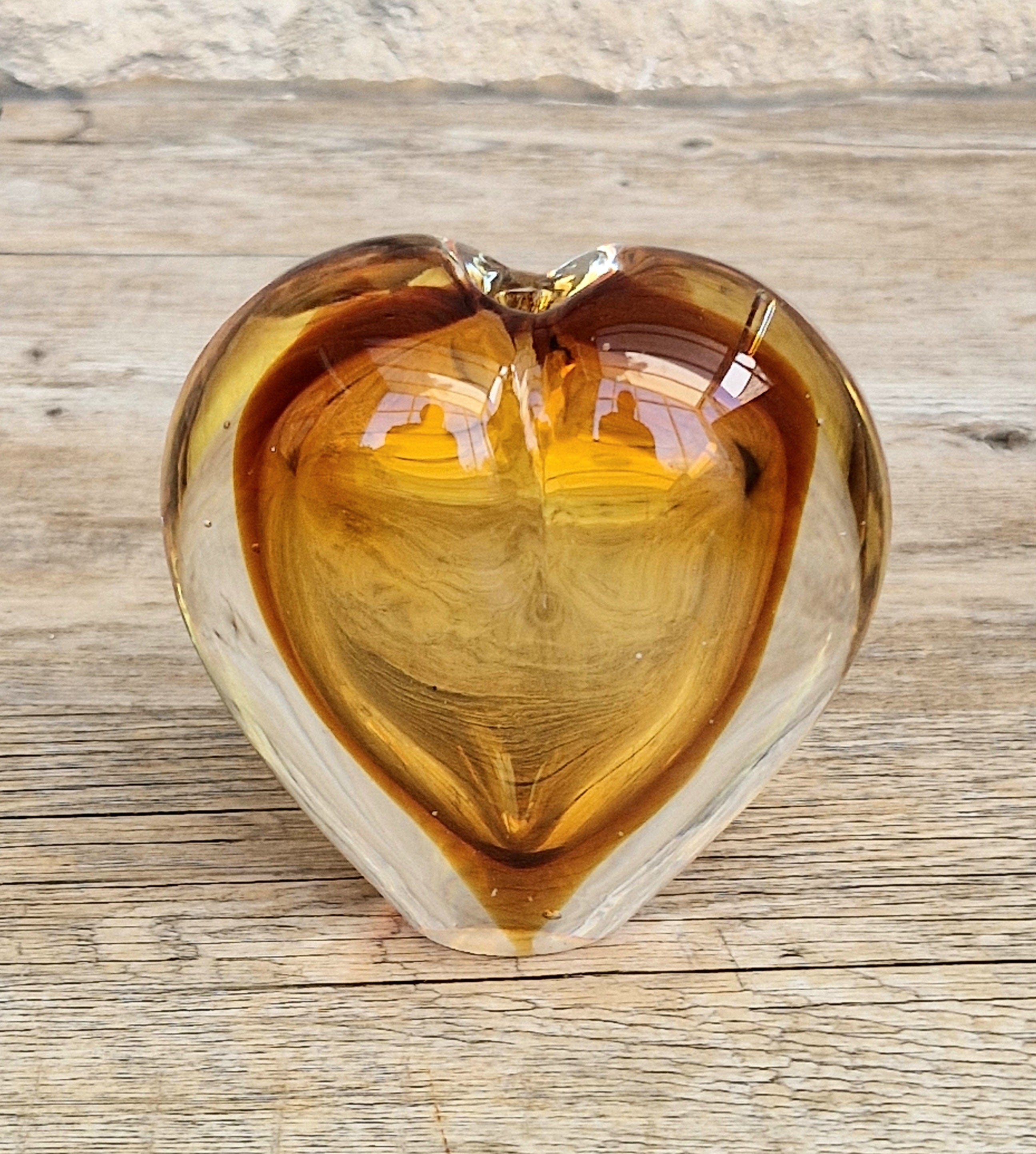Vintage Mid Century Murano Sommerso Amber Art Glass Heart Vase Paperweight Seguso Sculptural Decor
