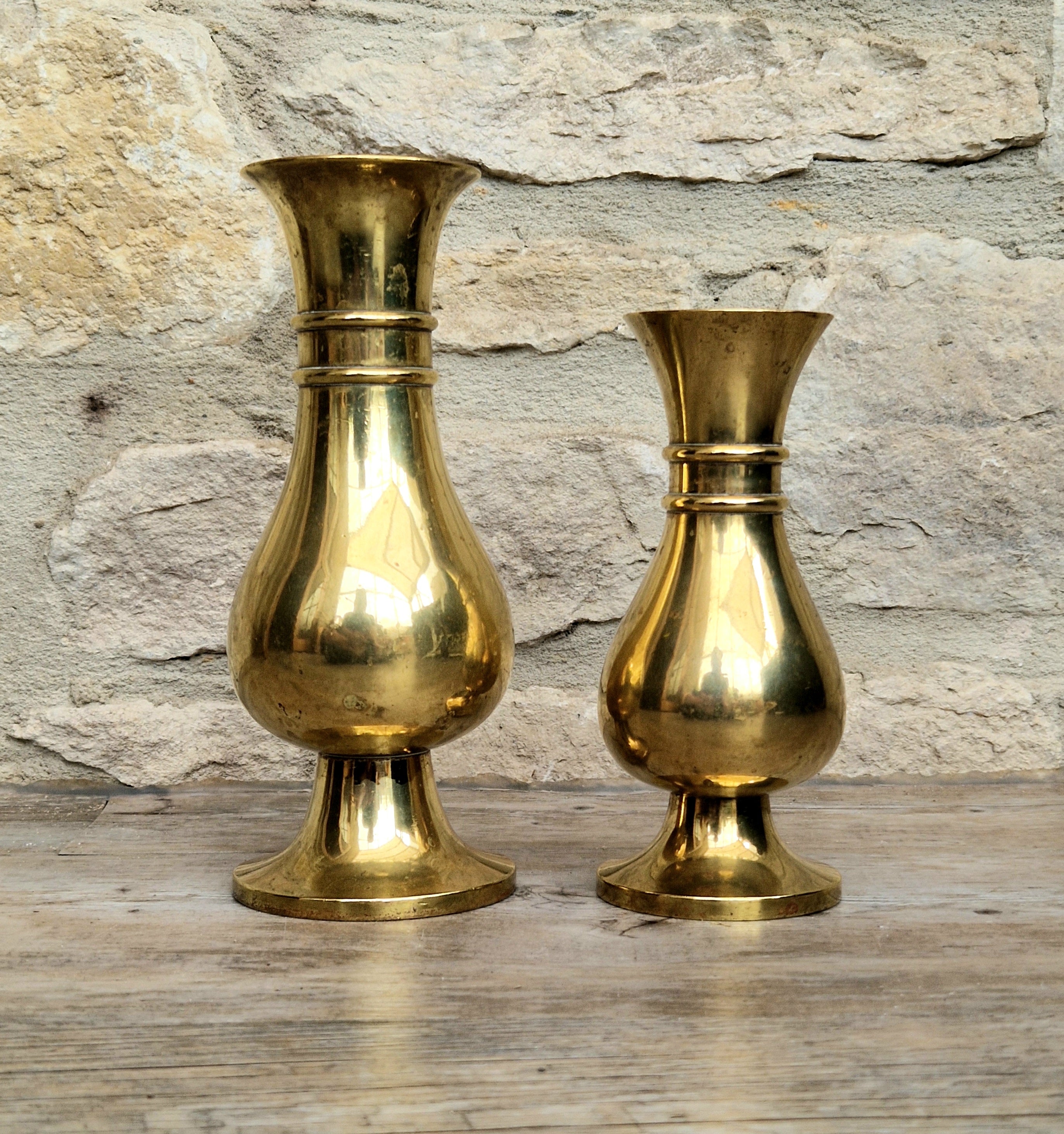Antique Brass Altar Vases Flared Rim Heavy Pedestal Ecclesiastical Decor Early 20th C.
