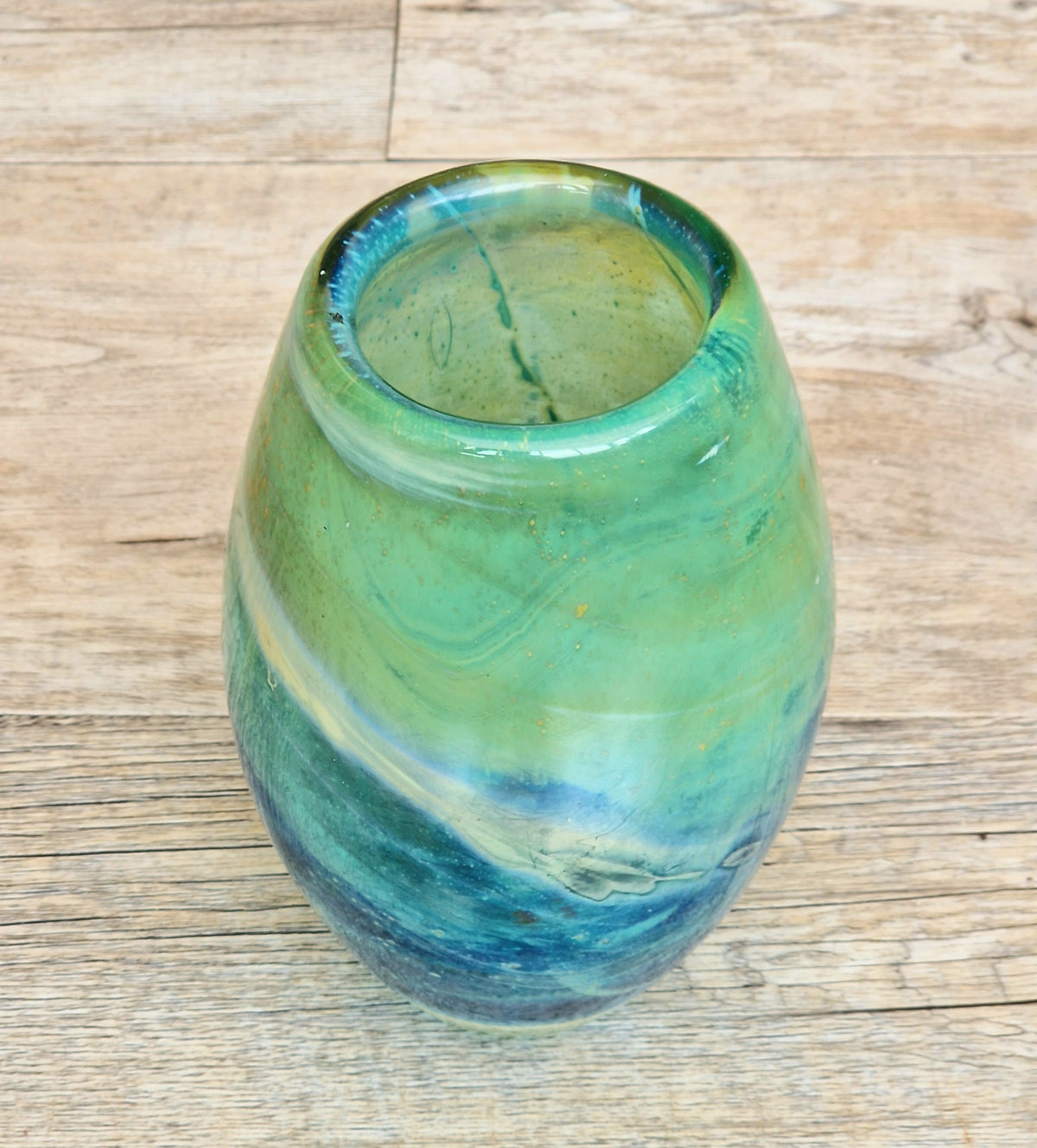 Vintage Mdina Maltese Art Glass Tiger Vase 16cm Signed Mid Century Blue Green 1kg