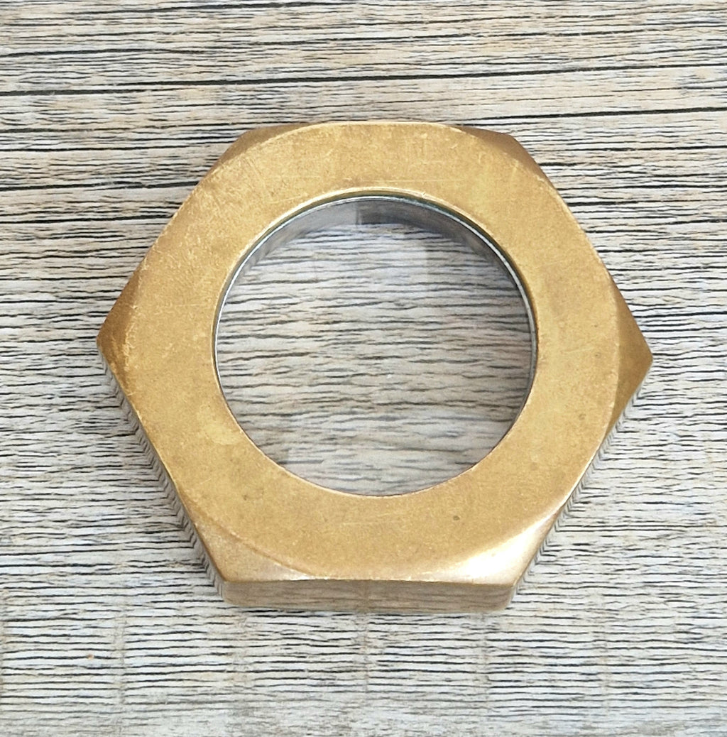 Carl Auböck Brass Hexagon Nut Magnifier Paperweight, Vintage Austria Werkstätte 1950s Desk Accessory, Model 5071 Authentic