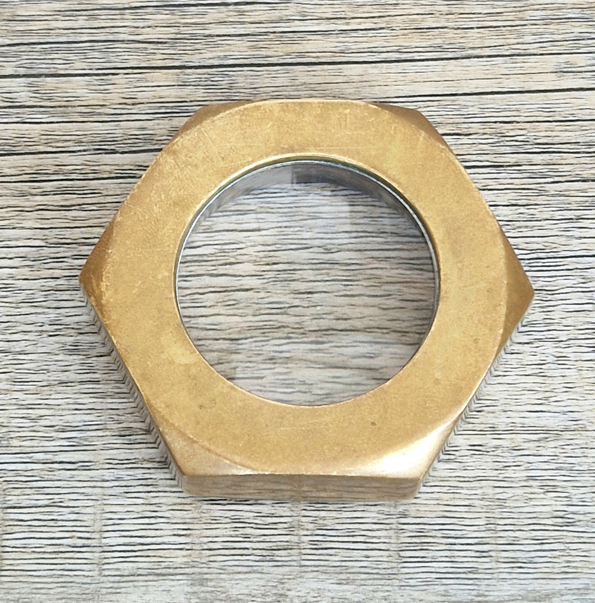 Carl Auböck Brass Hexagon Nut Magnifier Paperweight, Vintage Austria Werkstätte 1950s Desk Accessory, Model 5071 Authentic