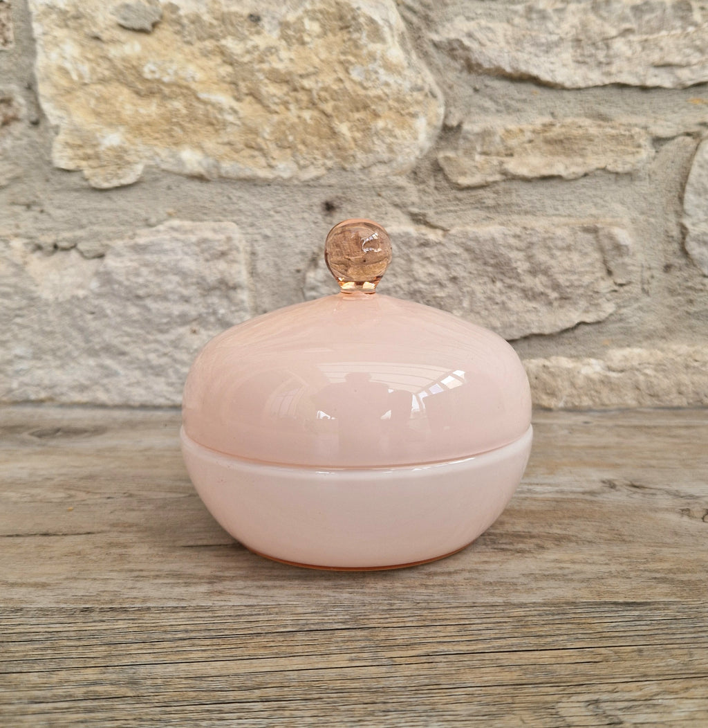 Vintage Large Opaline Pink Glass Lidded Powder Box Trinket Dish Art Deco Decor