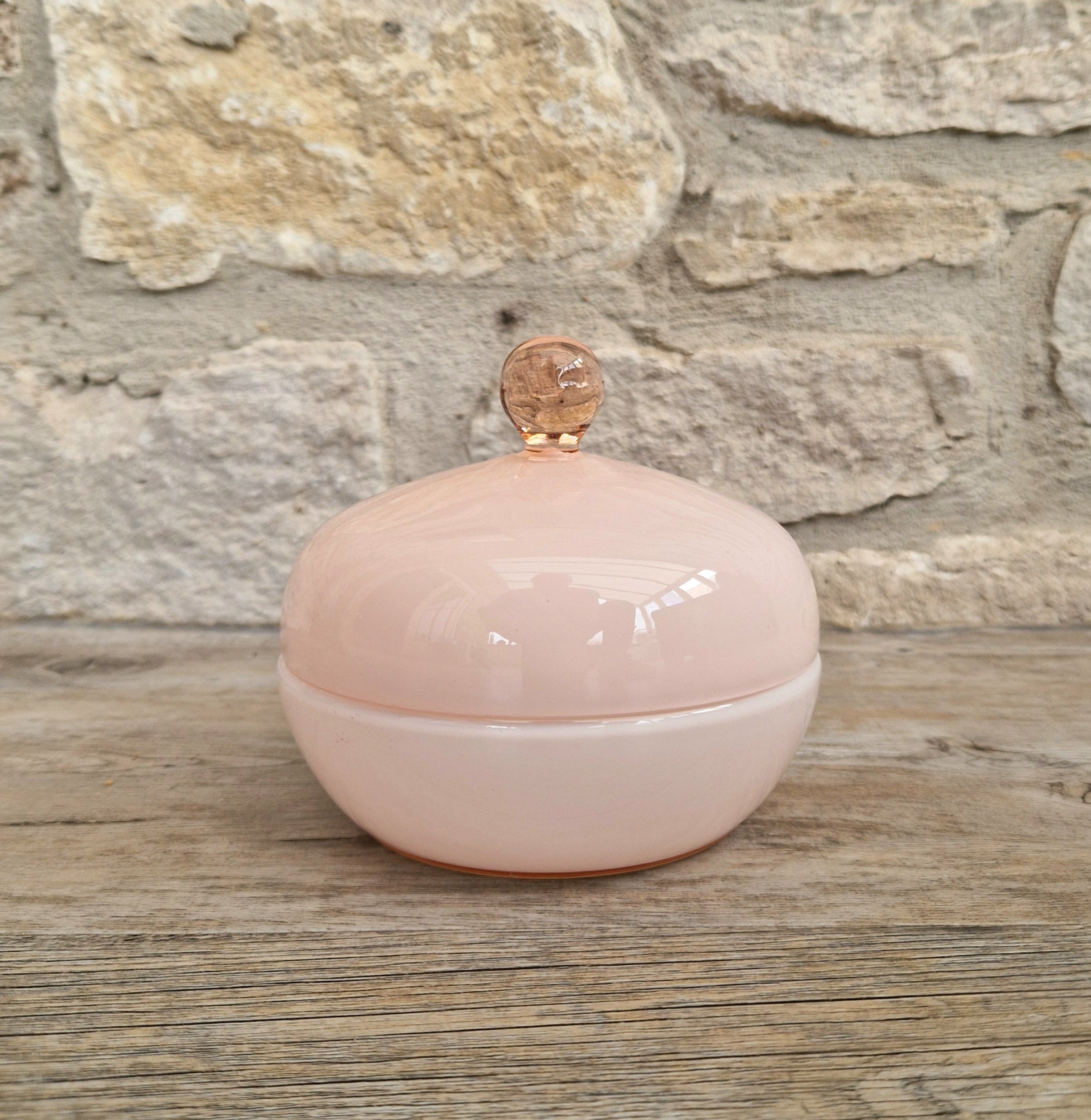 Vintage Large Opaline Pink Glass Lidded Powder Box Trinket Dish Art Deco Decor