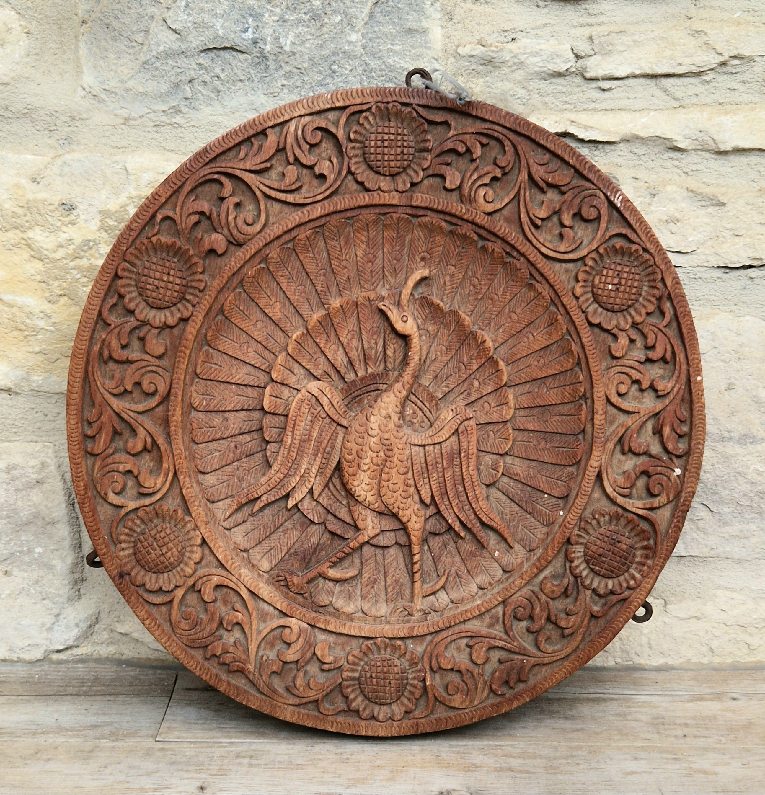 19th c. Colonial Anglo-Indian Hand-Carved Teak Wood Dancing Peacock Disc Panel 30cm