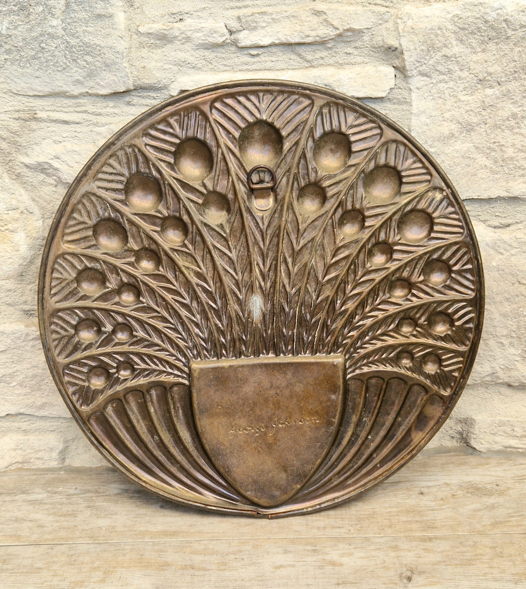Rare Signed George Johnson Brass Peacock Wall Pocket Plaque 29cm Victorian Arts and Crafts 1880s